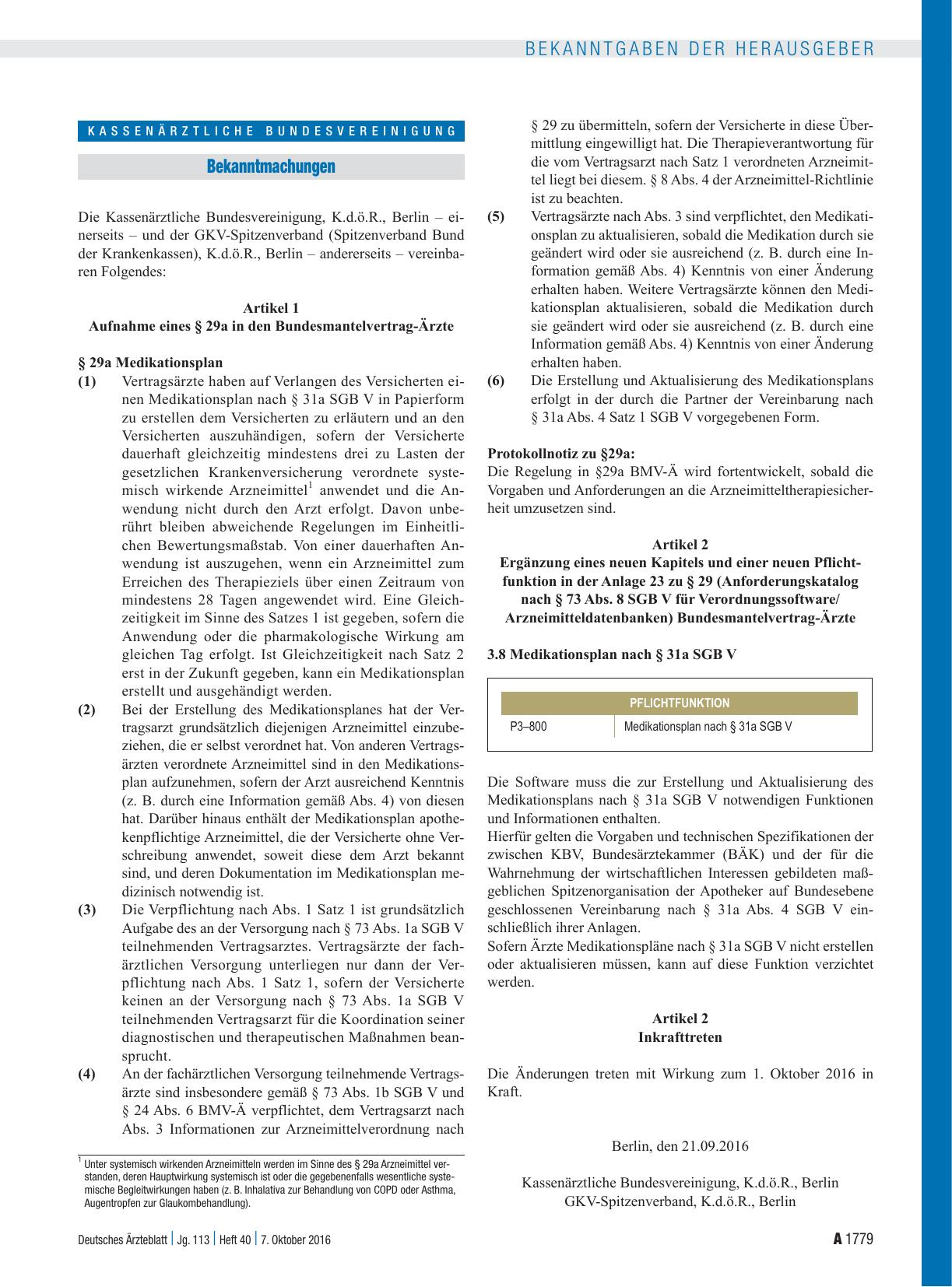 Vorschauseite 1: Aufnahme eines § 29a in den Bundesmantelvertrag-Ärzte