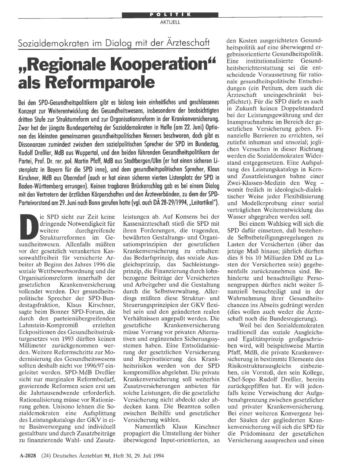 Vorschauseite 1: Sozialdemokraten im Dialog mit der Ärzteschaft: „Regionale Kooperation“ als Reformparole
