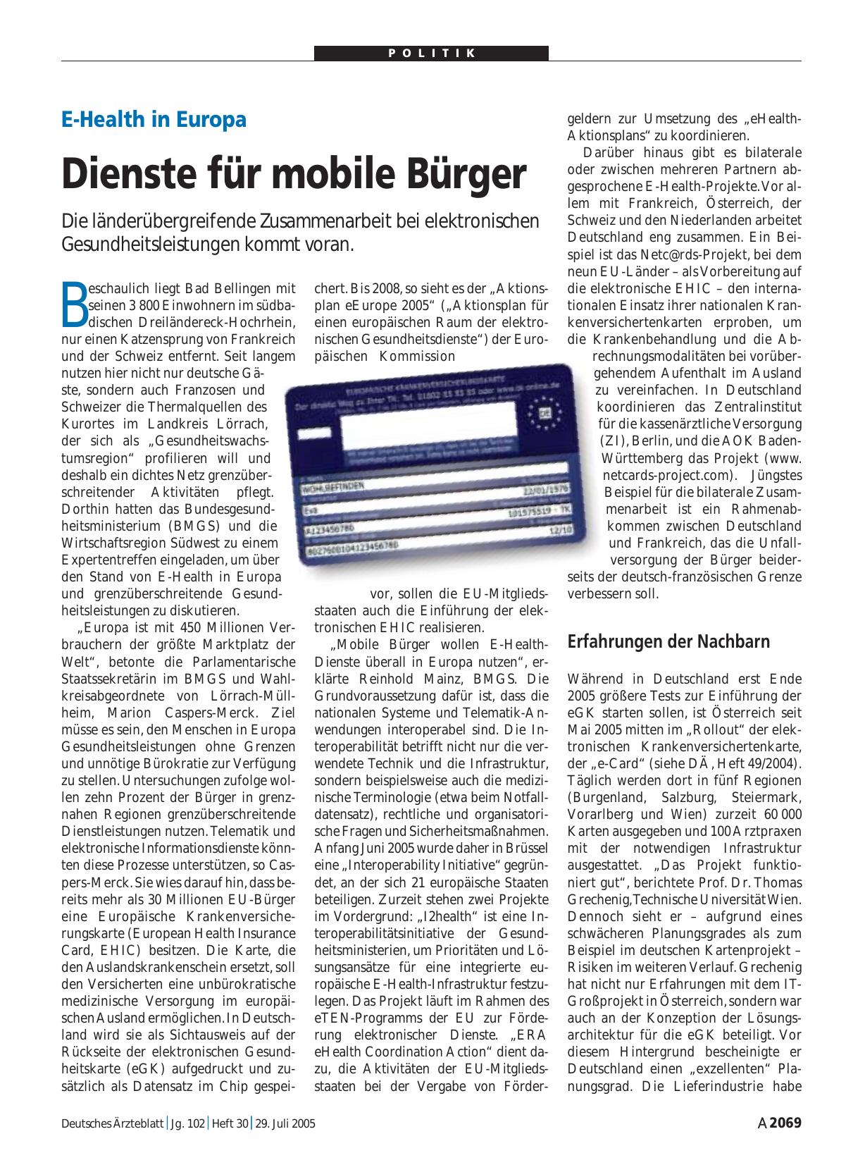 Vorschauseite 1: E-Health in Europa: Dienste für mobile Bürger