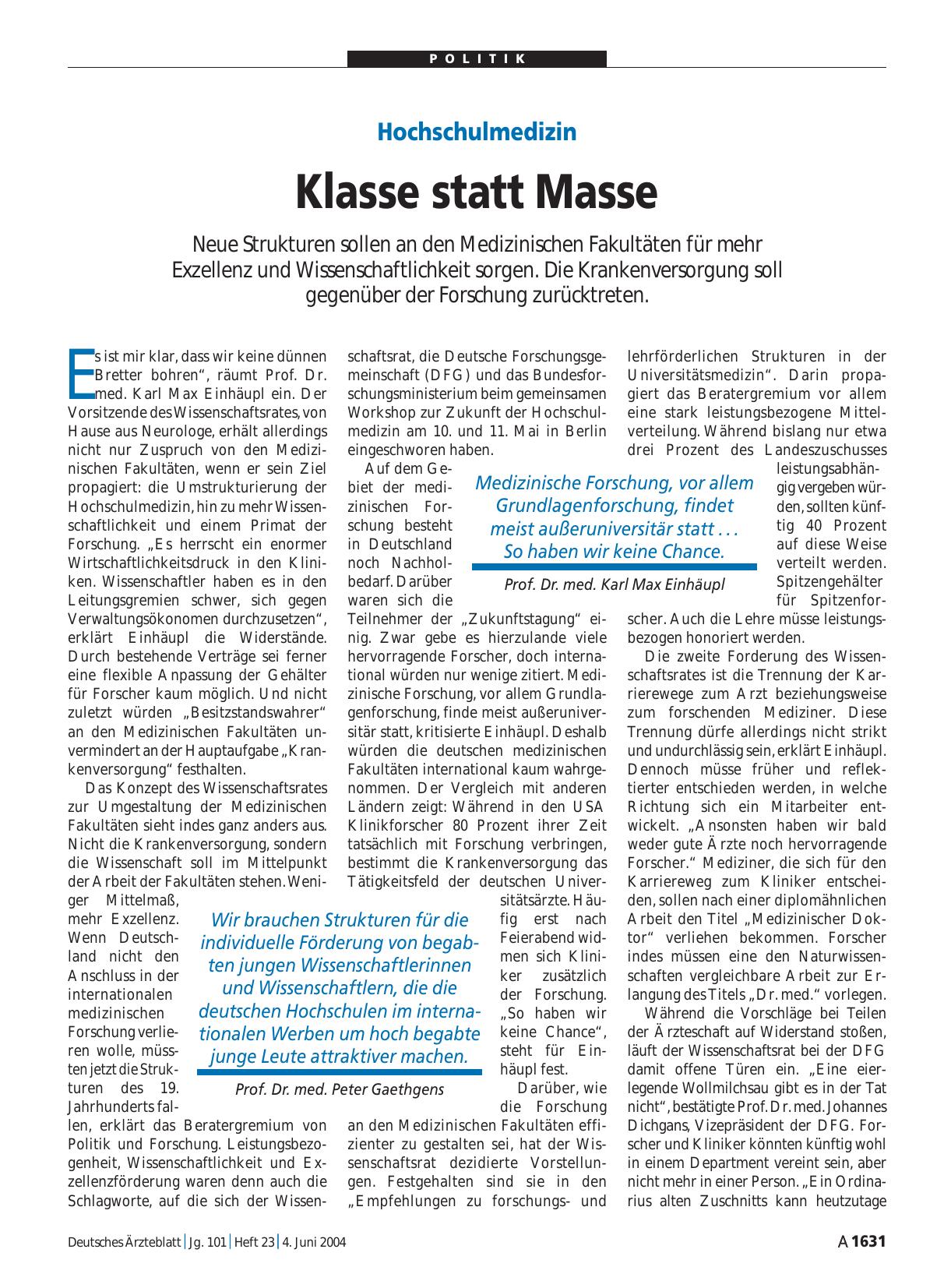 Vorschauseite 1: Hochschulmedizin: Klasse statt Masse