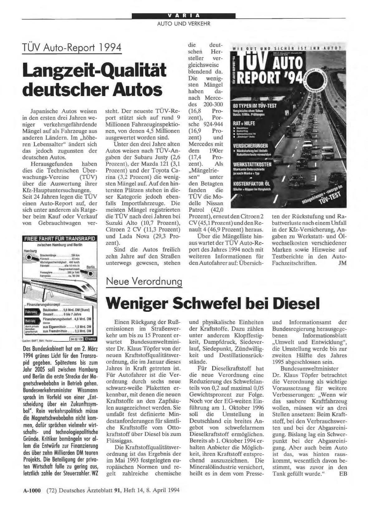 Vorschauseite 1: TÜV Auto-Report 1994: Langzeit-Qualität deutscher Autos