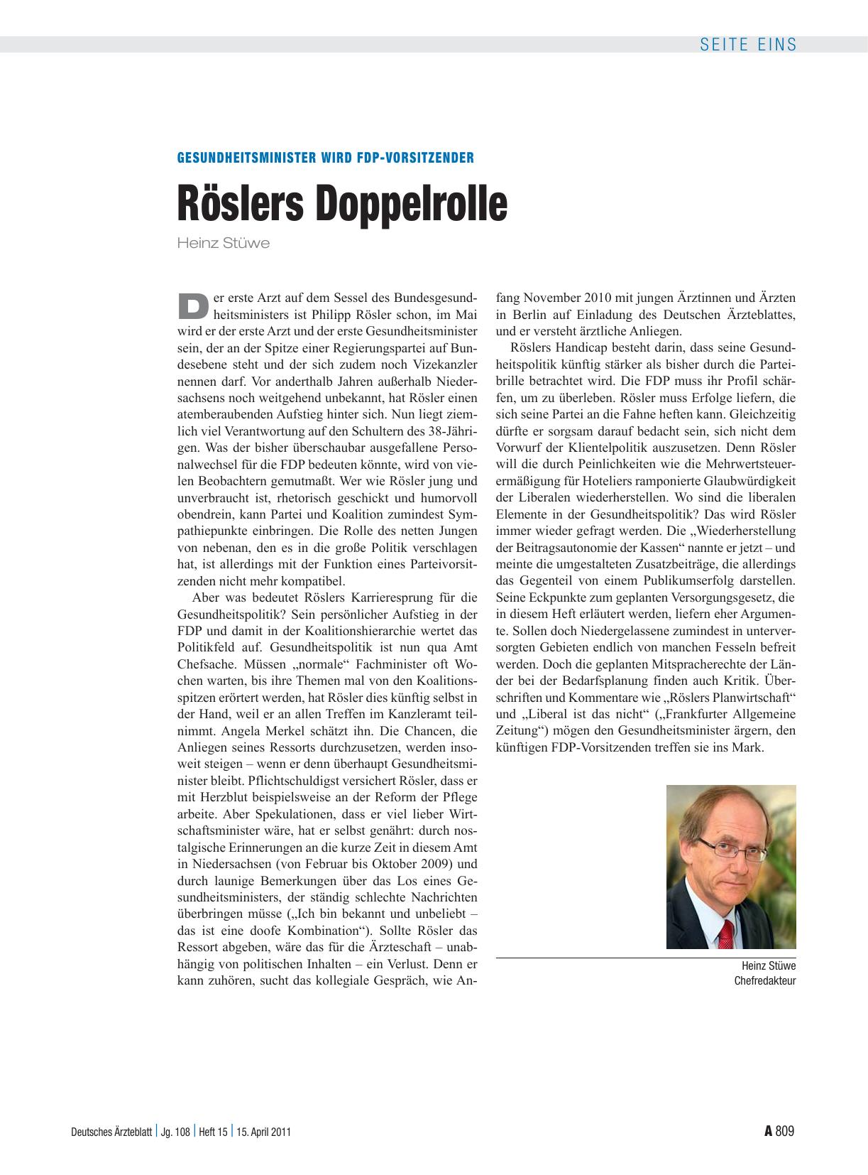 Vorschauseite 1: Gesundheitsminister wird FDP-Vorsitzender: Röslers Doppelrolle