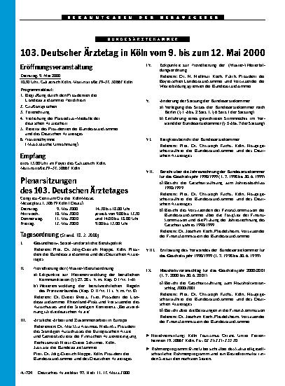 Vorschauseite 1: 103. Deutscher Ärztetag in Köln vom 9. bis zum 12. Mai 2000