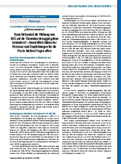 Vorschauseite 1: Arzneimittelkommission der Deutschen Ärzteschaft: „UAW-News International“ Kann Metamizol die Wirkung von ASS auf die Thrombozytenaggregation behindern?