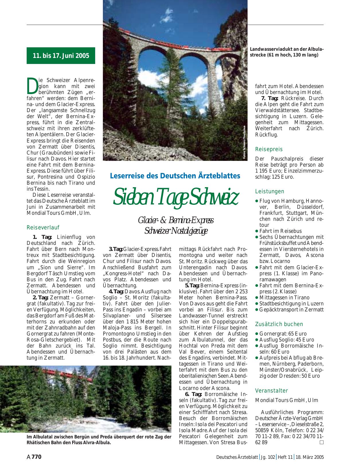 Vorschauseite 1: Leserreise des Deutschen Ärzteblattes: Sieben Tage Schweiz Glacier- & Bernina-Express Schweizer Nostalgiezüge
