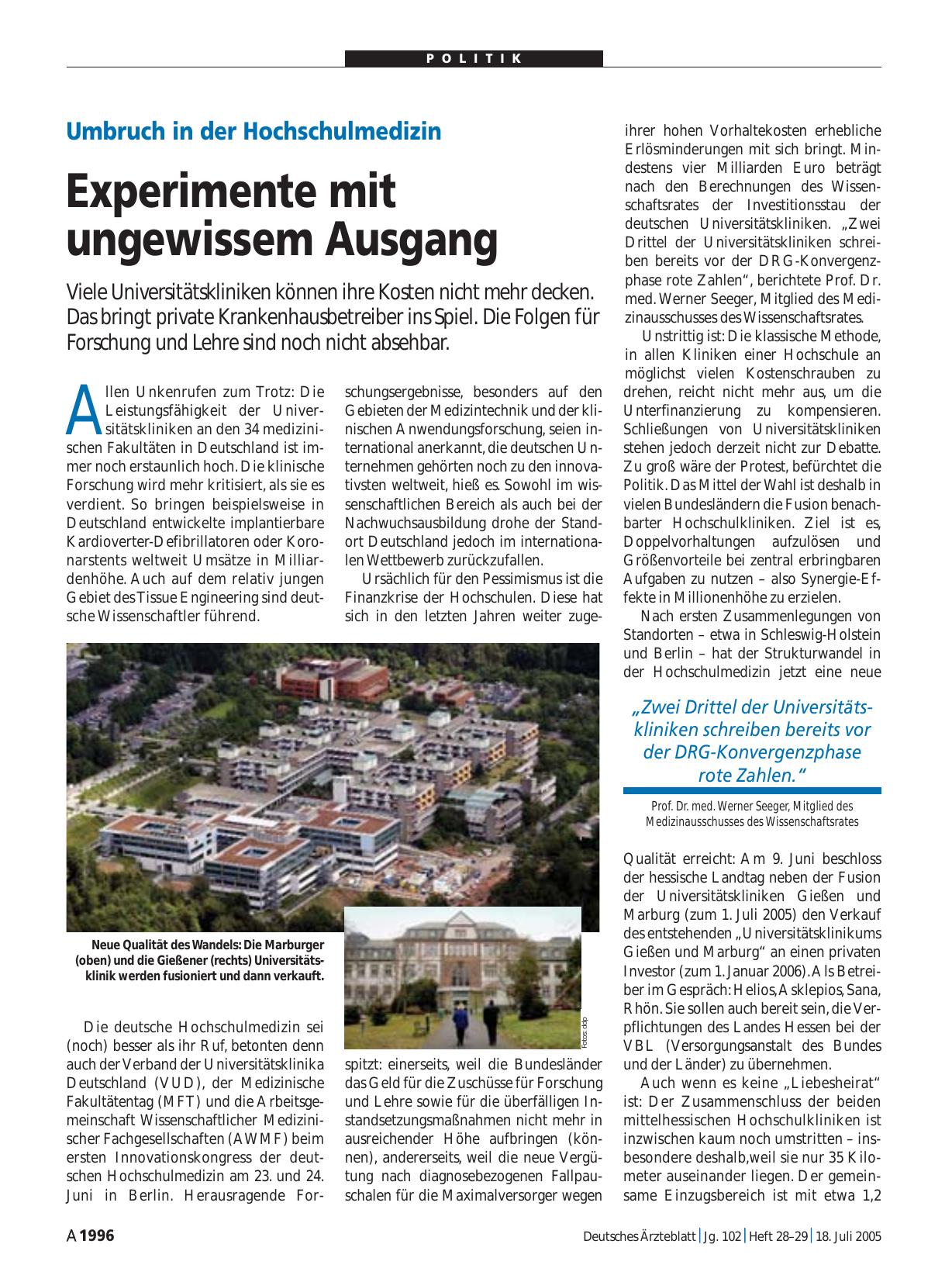 Vorschauseite 1: Umbruch in der Hochschulmedizin: Experimente mit ungewissem Ausgang