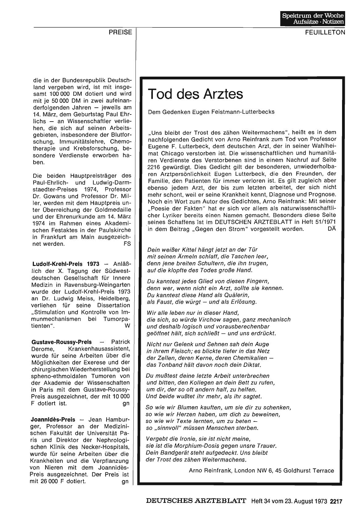 Vorschauseite 1: Tod des Arztes: Dem Gedenken Eugen Feistmann-Lutterbecks