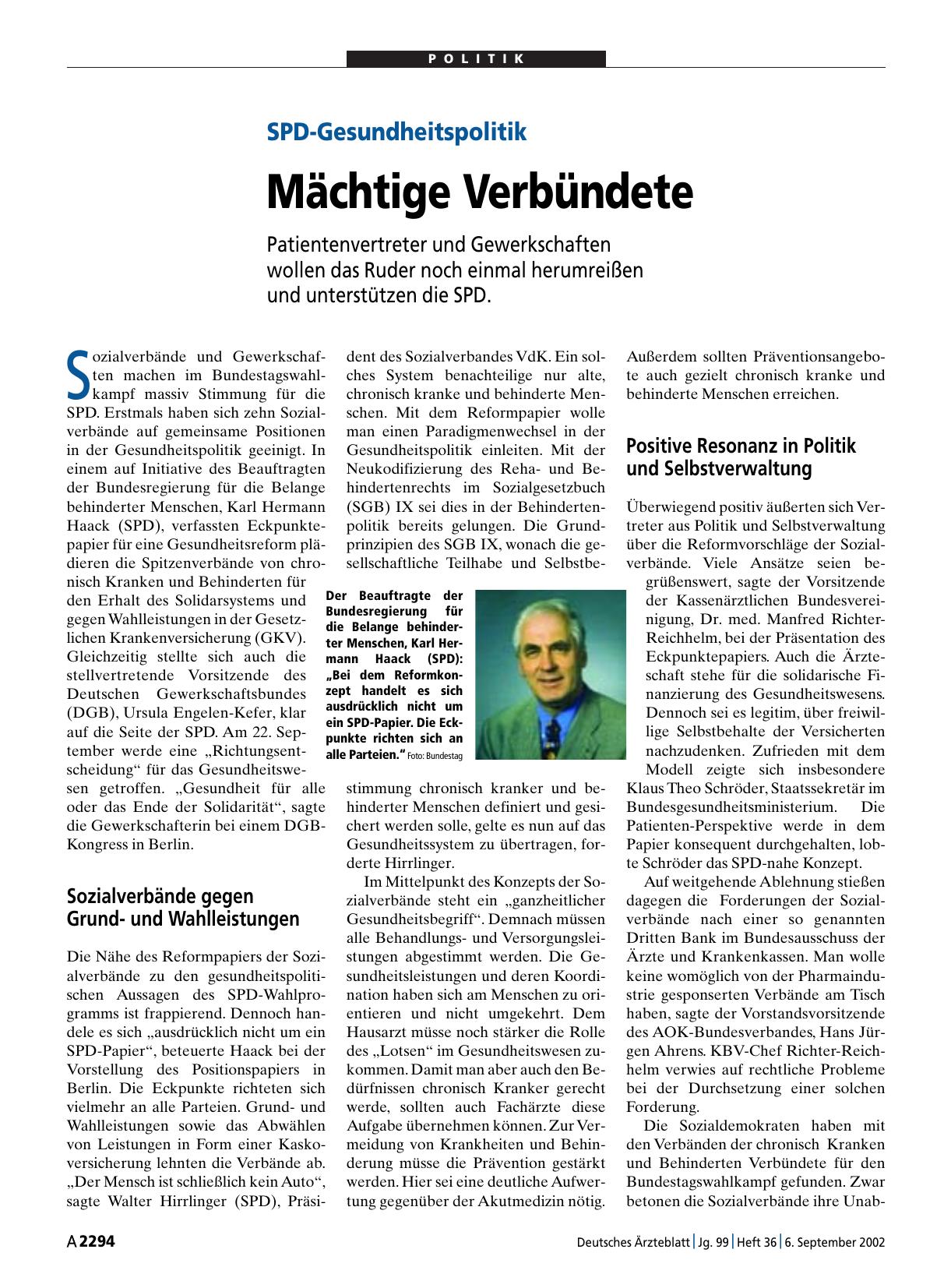 Vorschauseite 1: SPD-Gesundheitspolitik: Mächtige Verbündete
