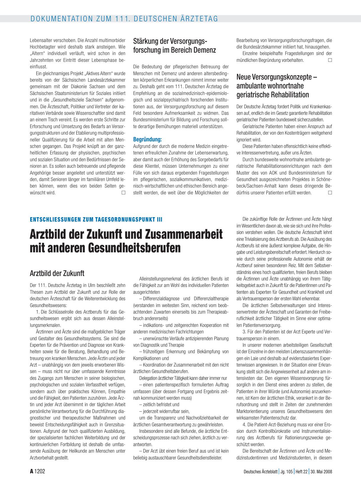 Vorschauseite 1: Entschliessungen zum Tagesordnungspunkt III: Arztbild der Zukunft und Zusammenarbeit mit anderen Gesundheitsberufen