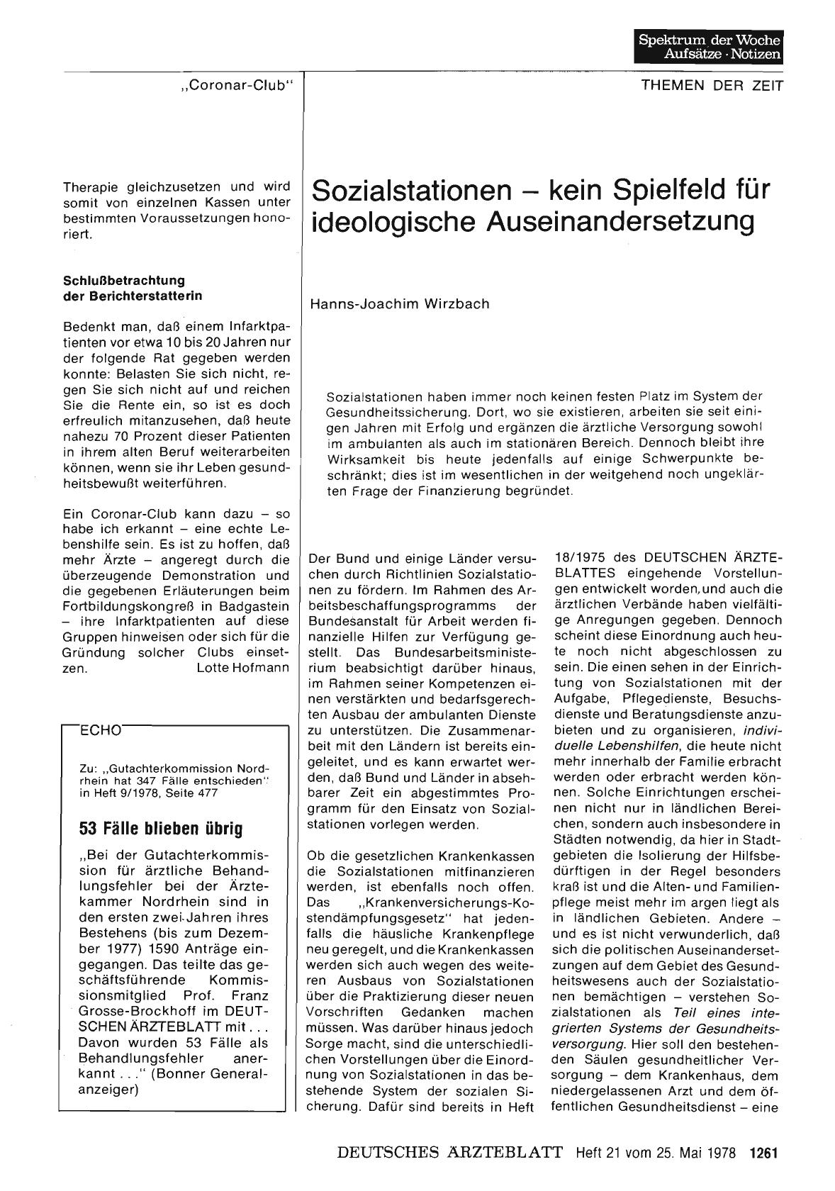 Vorschauseite 1: Sozialstationen — kein Spielfeld für ideologische Auseinandersetzung