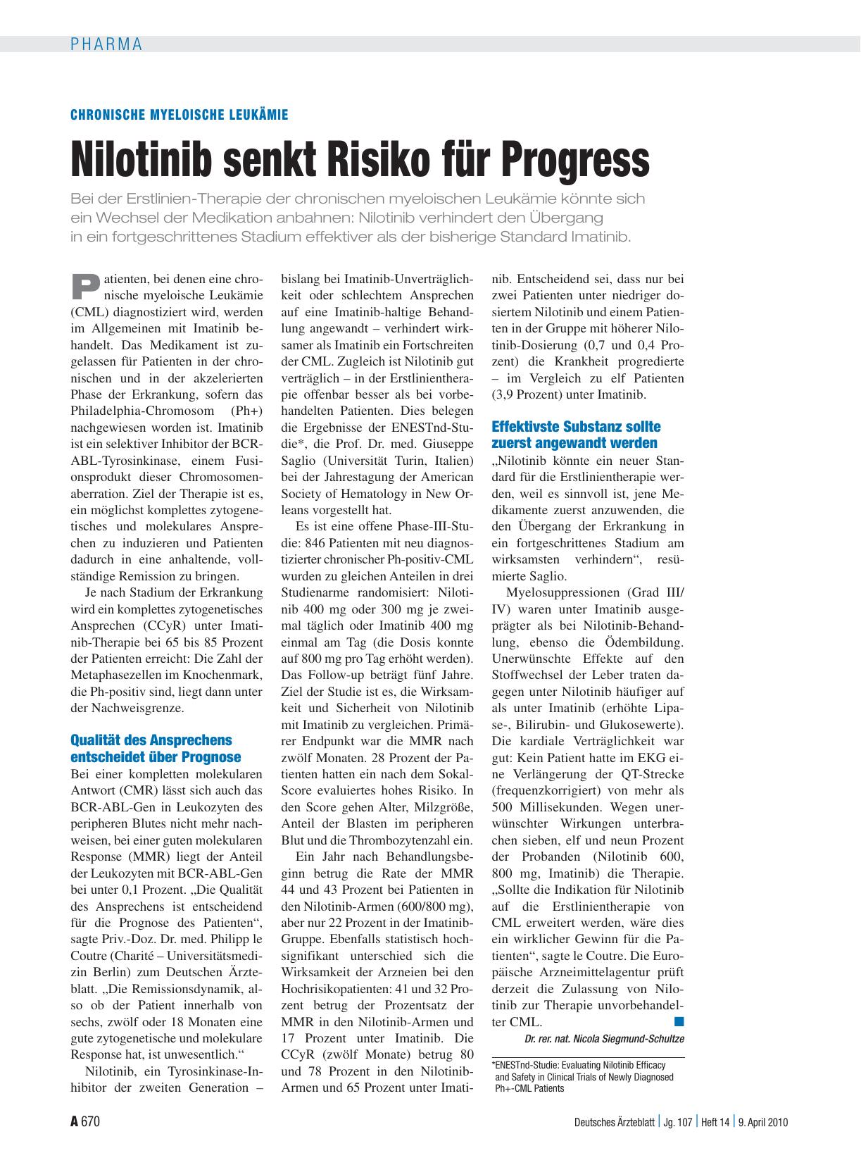 Vorschauseite 1: Chronische myeloische Leukämie: Nilotinib senkt Risiko für Progress