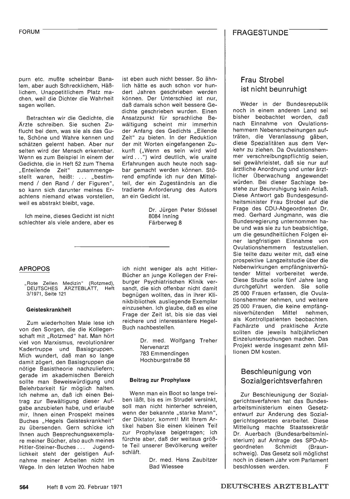 Vorschauseite 1: Aus der Fragestunde des Deutschen Bundestages: Frau Strobel ist nicht beunruhigt — Beschleunigung von Sozialgerichtsverfahren