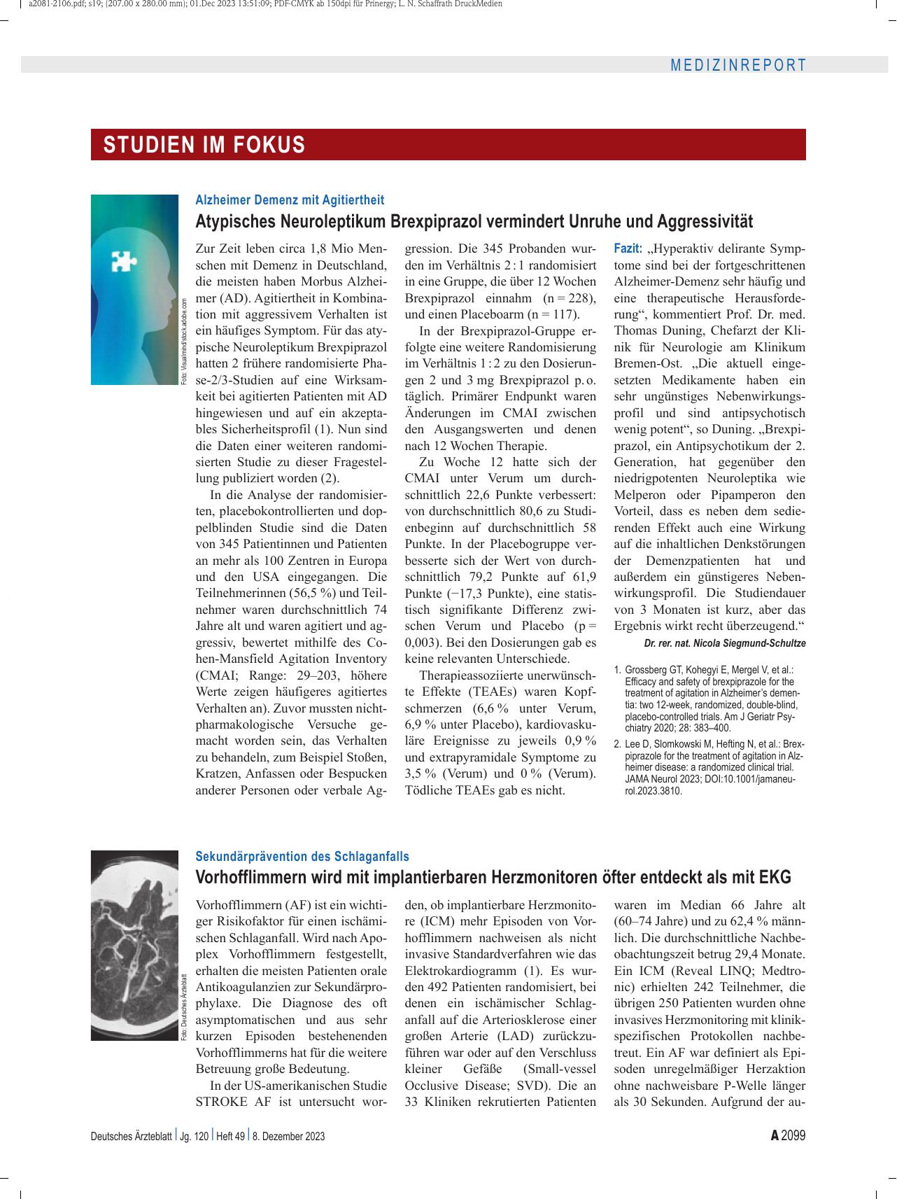 Vorschauseite 1: Sekundärprävention des Schlaganfalls: Vorhofflimmern wird mit implantierbaren Herzmonitoren öfter entdeckt als mit EKG.