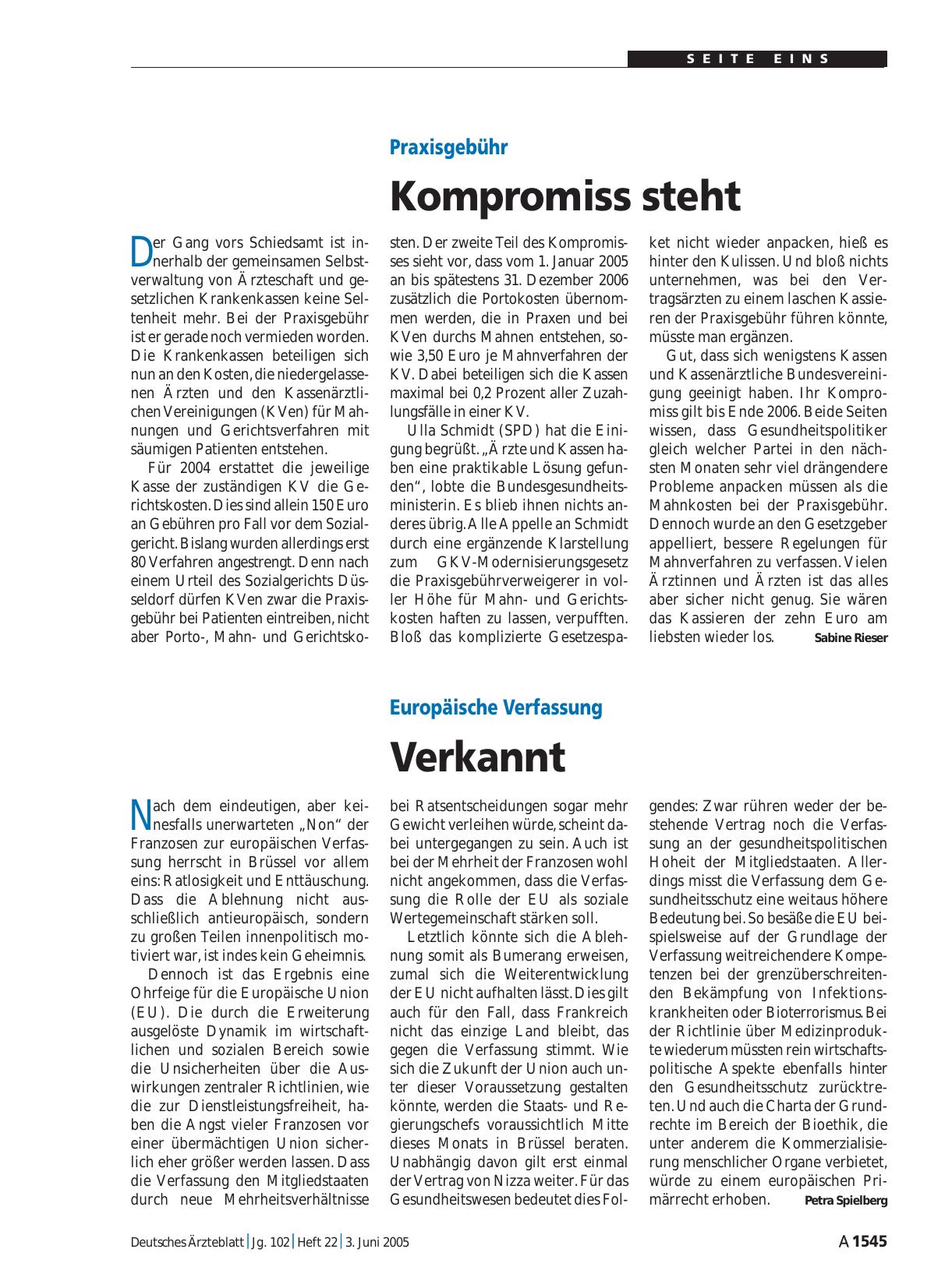 Vorschauseite 1: Praxisgebühr: Kompromiss steht