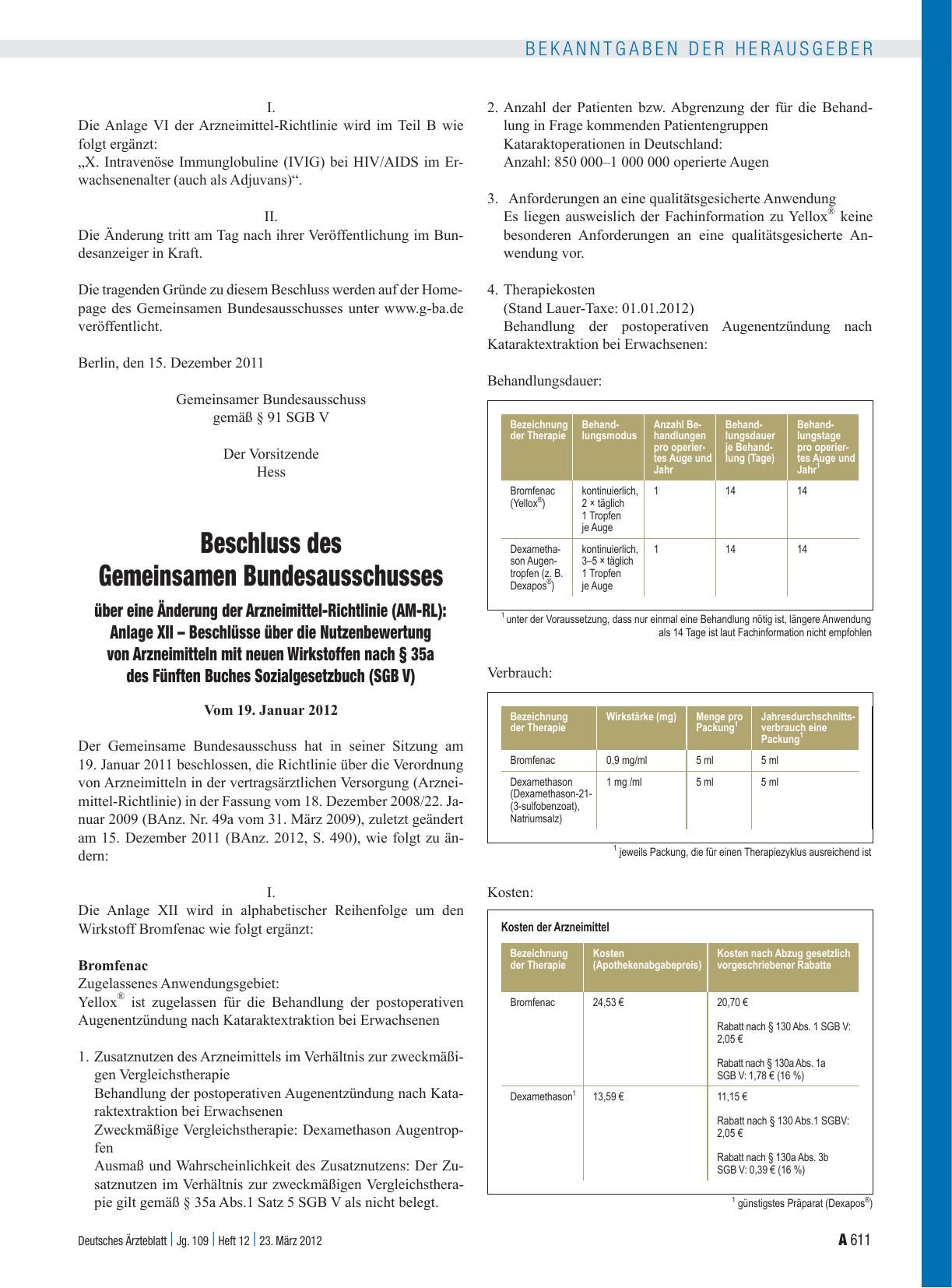 Vorschauseite 1: Beschluss des Gemeinsamen Bundesausschusses über eine Änderung der Arzneimittel-Richtlinie (AM-RL): Anlage XII – Beschlüsse über die Nutzenbewertung von Arzneimitteln mit neuen Wi…