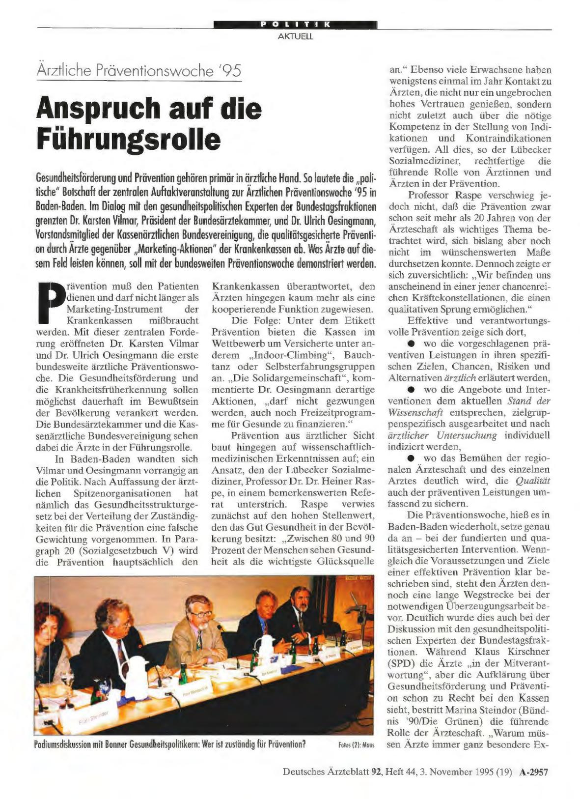 Vorschauseite 1: Ärztliche Präventionswoche '95: Anspruch auf die Führungsrolle