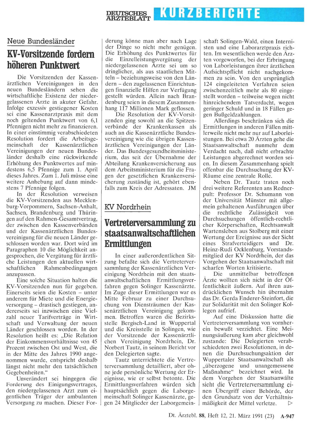 Vorschauseite 1: Neue Bundesländer: KV-Vorsitzende fordern höheren Punktwert