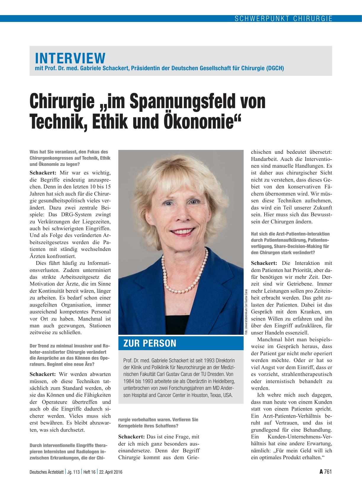 Vorschauseite 1: Interview mit Prof. Dr. med. Gabriele Schackert, Präsidentin der Deutschen Gesellschaft für Chirurgie (DGCH): Chirurgie „im Spannungsfeld von Technik, Ethik und Ökonomie“