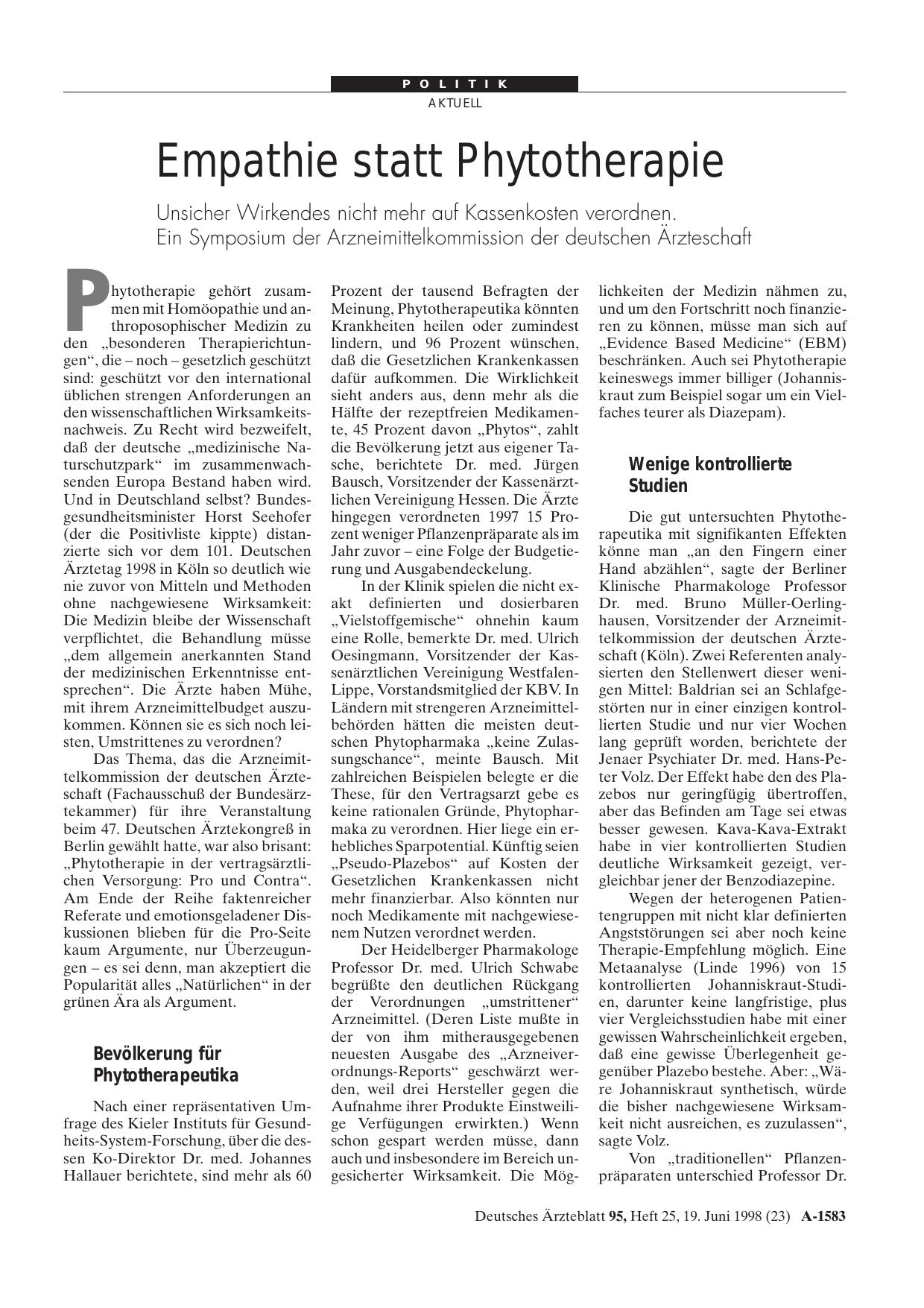 Vorschauseite 1: Empathie statt Phytotherapie: Unsicher Wirkendes nicht mehr auf Kassenkosten verordnen