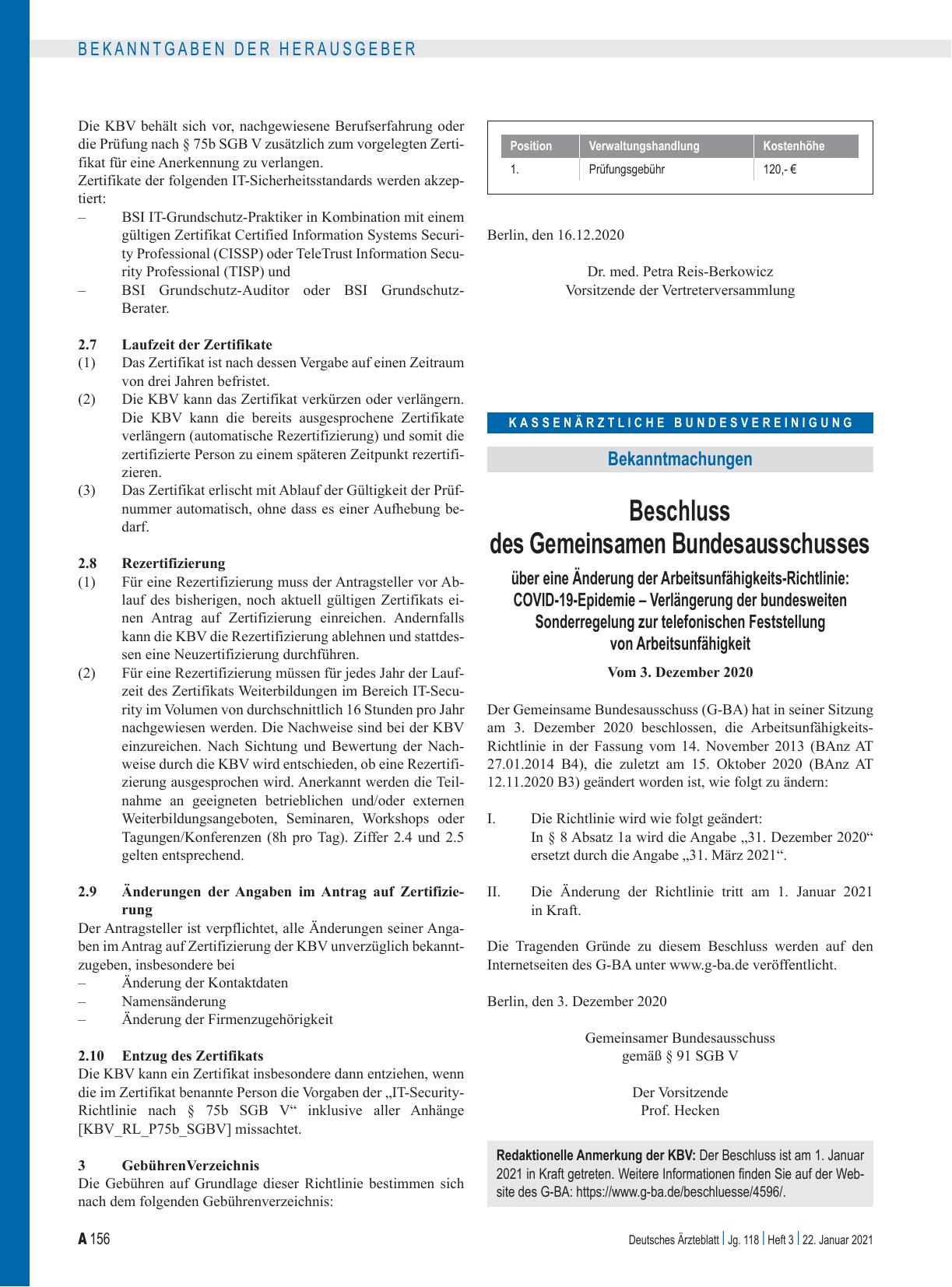 Vorschauseite 1: Beschluss des Gemeinsamen Bundesausschusses über eine Änderung der Arbeitsunfähigkeits-Richtlinie: COVID-19-Epidemie – Verlängerung der bundesweiten Sonderregelung zur telefonisch…