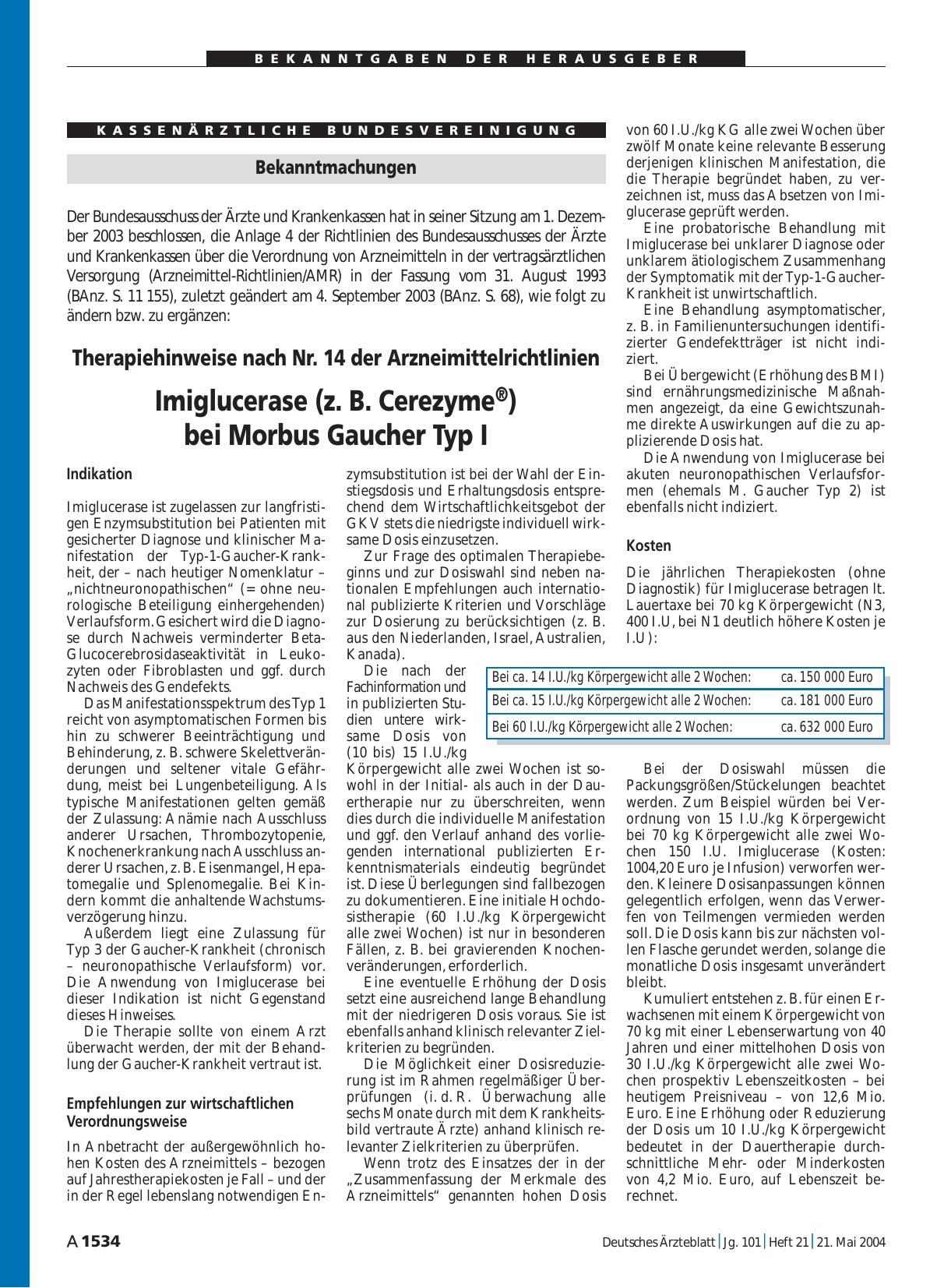 Vorschauseite 1: Bekanntmachungen: Imiglucerase (z. B. Cerezyme®) bei Morbus Gaucher Typ I