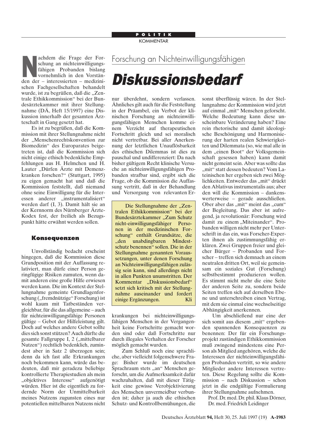 Vorschauseite 1: Forschung an Nichteinwilligungsfähigen: Diskussionsbedarf