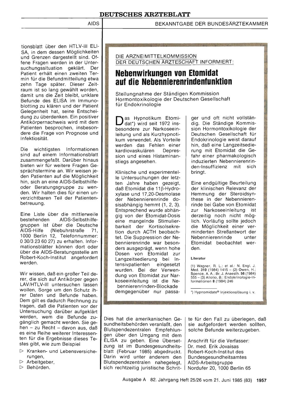 Vorschauseite 1: DIE ARZNEIMITTELKOMMISSION DER DEUTSCHEN ÄRZTESCHAFT INFORMIERT: Nebenwirkungen von Etomidat auf die Nebennierenrindenfunktion