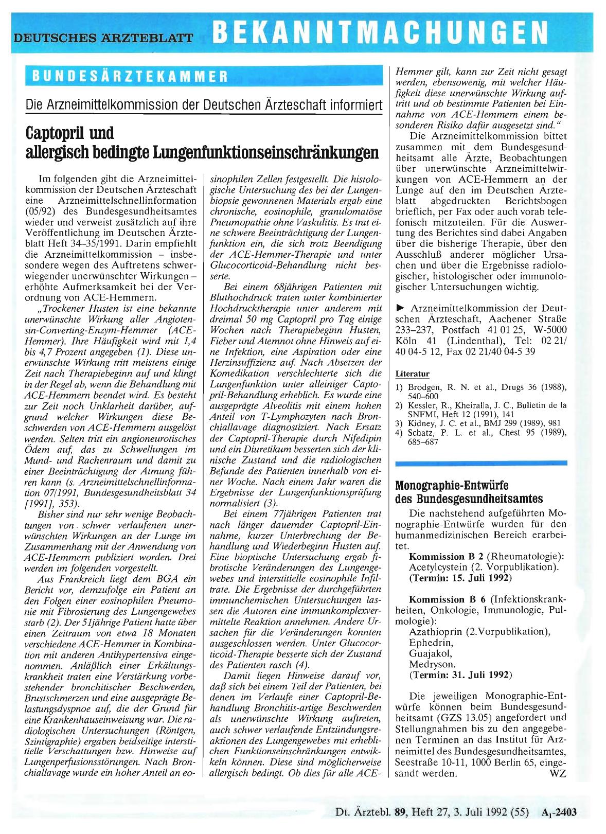 Vorschauseite 1: Die Arzneimittelkommission der Deutschen Ärzteschaft informiert: Captopril und allergisch bedingte Lungenfunktionseinschränkunge