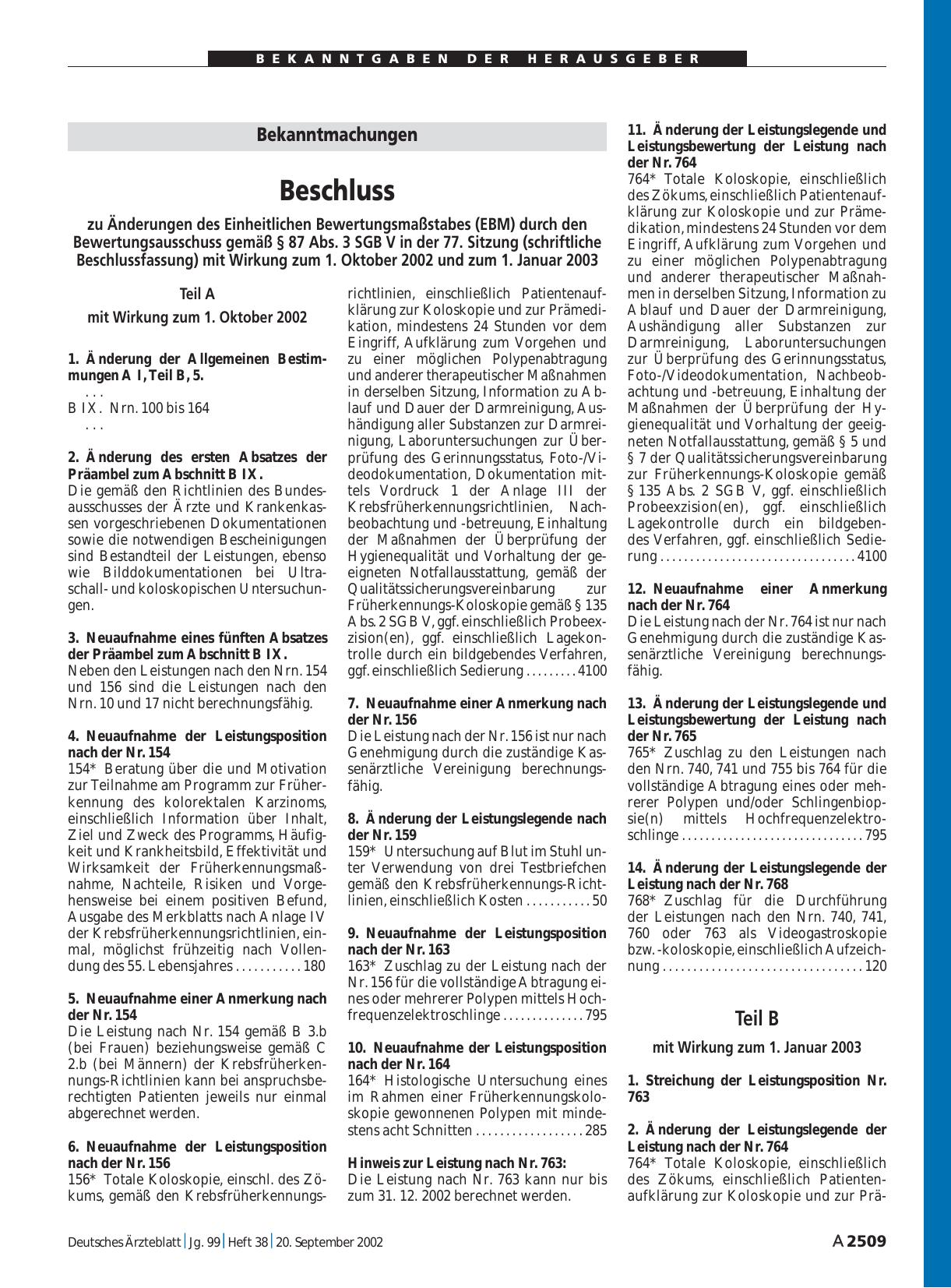 Vorschauseite 1: Bekanntmachungen: Beschluss zu Änderungen des Einheitlichen Bewertungsmaßstabes (EBM) durch den Bewertungsausschuss gemäß § 87 Abs. 3 SGB V in der 77. Sitzung (schriftliche Beschl…