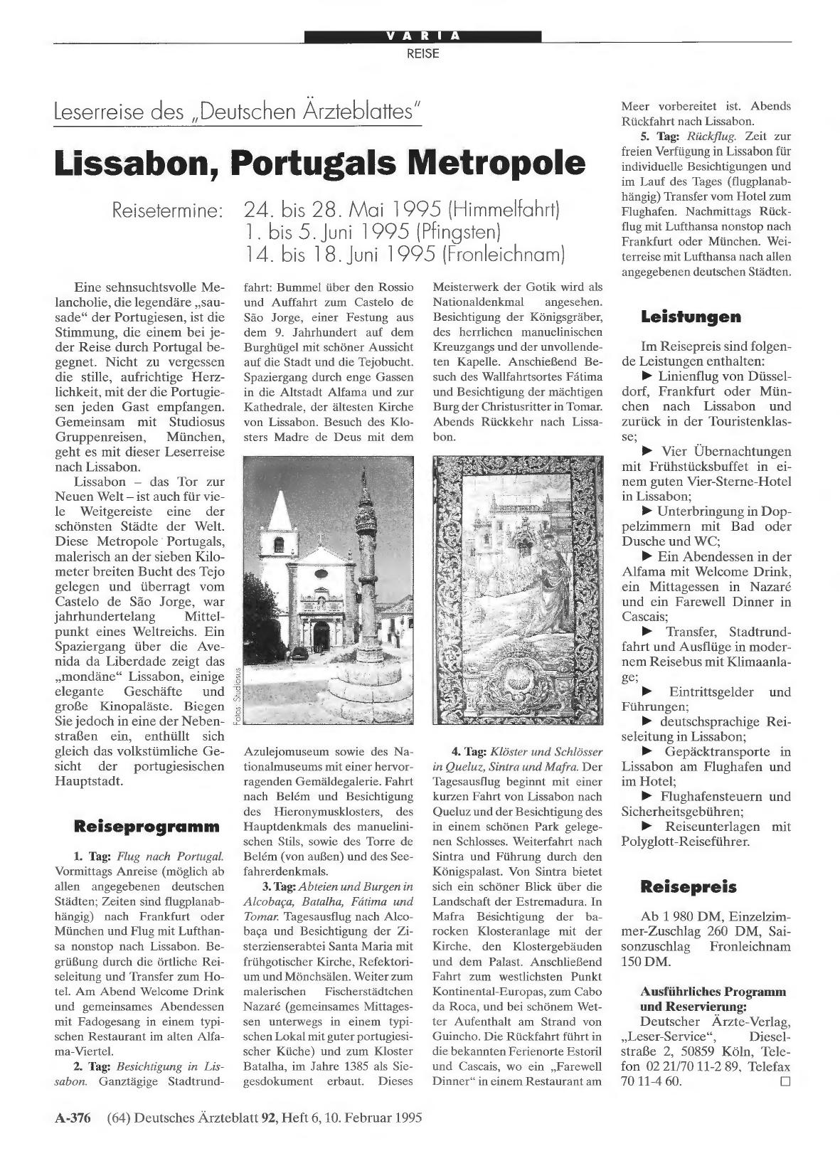 Vorschauseite 1: Leserreise des „Deutschen Ärzteblattes“: Lissabon, Portugals Metropole