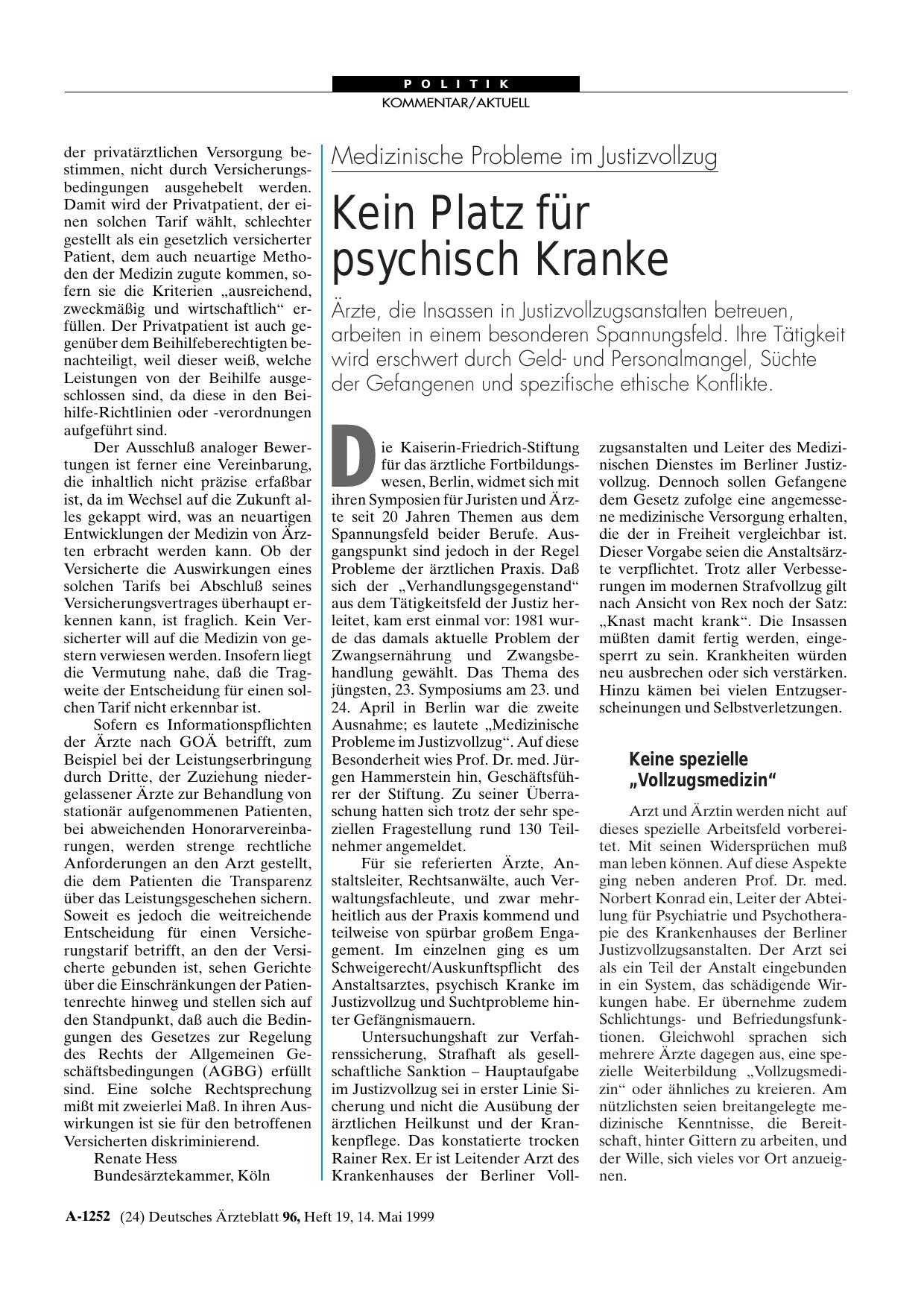 Vorschauseite 1: Medizinische Probleme im Justizvollzug: Kein Platz für psychisch Kranke