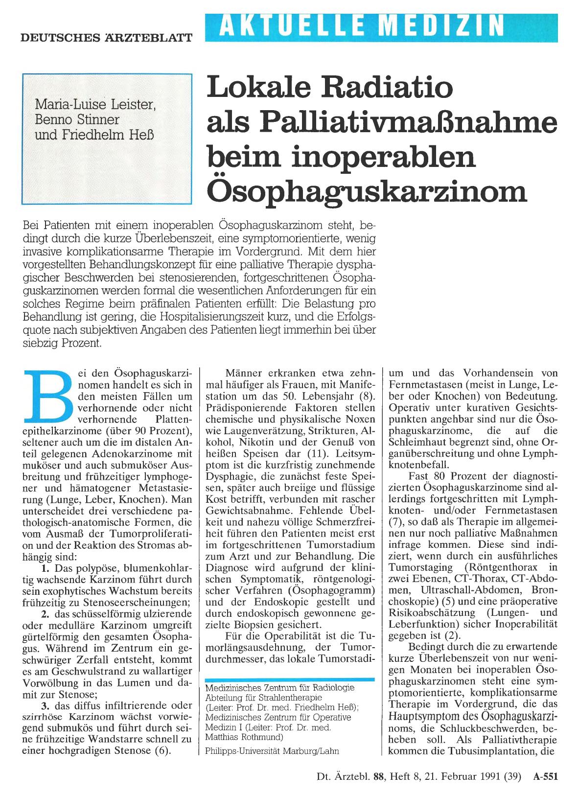 Vorschauseite 1: Lokale Radiatio als Palliativmaßnahme beim inoperablen Ösophaguskarzinom