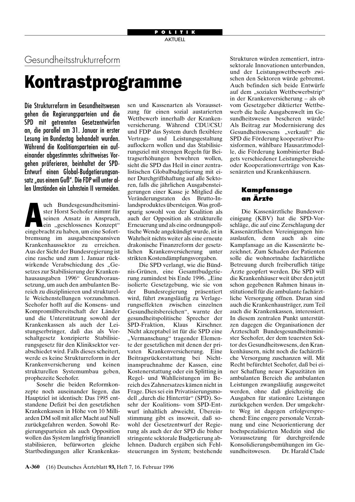 Vorschauseite 1: Gesundheitsstrukturreform: Kontrastprogramme