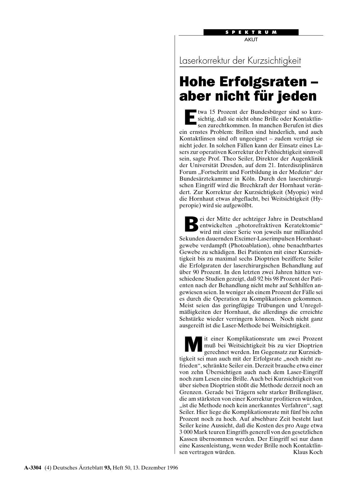 Vorschauseite 1: Laserkorrektur der Kurzsichtigkeit: Hohe Erfolgsraten - aber nicht für jeden