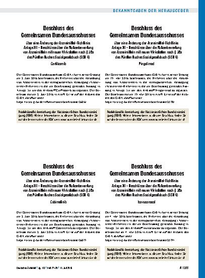 Vorschauseite 1: Beschluss des Gemeinsamen Bundesausschusses über eine Änderung der Arzneimittel-Richtlinie: Anlage XII – Beschlüsse über die Nutzenbewertung von Arzneimitteln mit neuen Wirkstoffe…