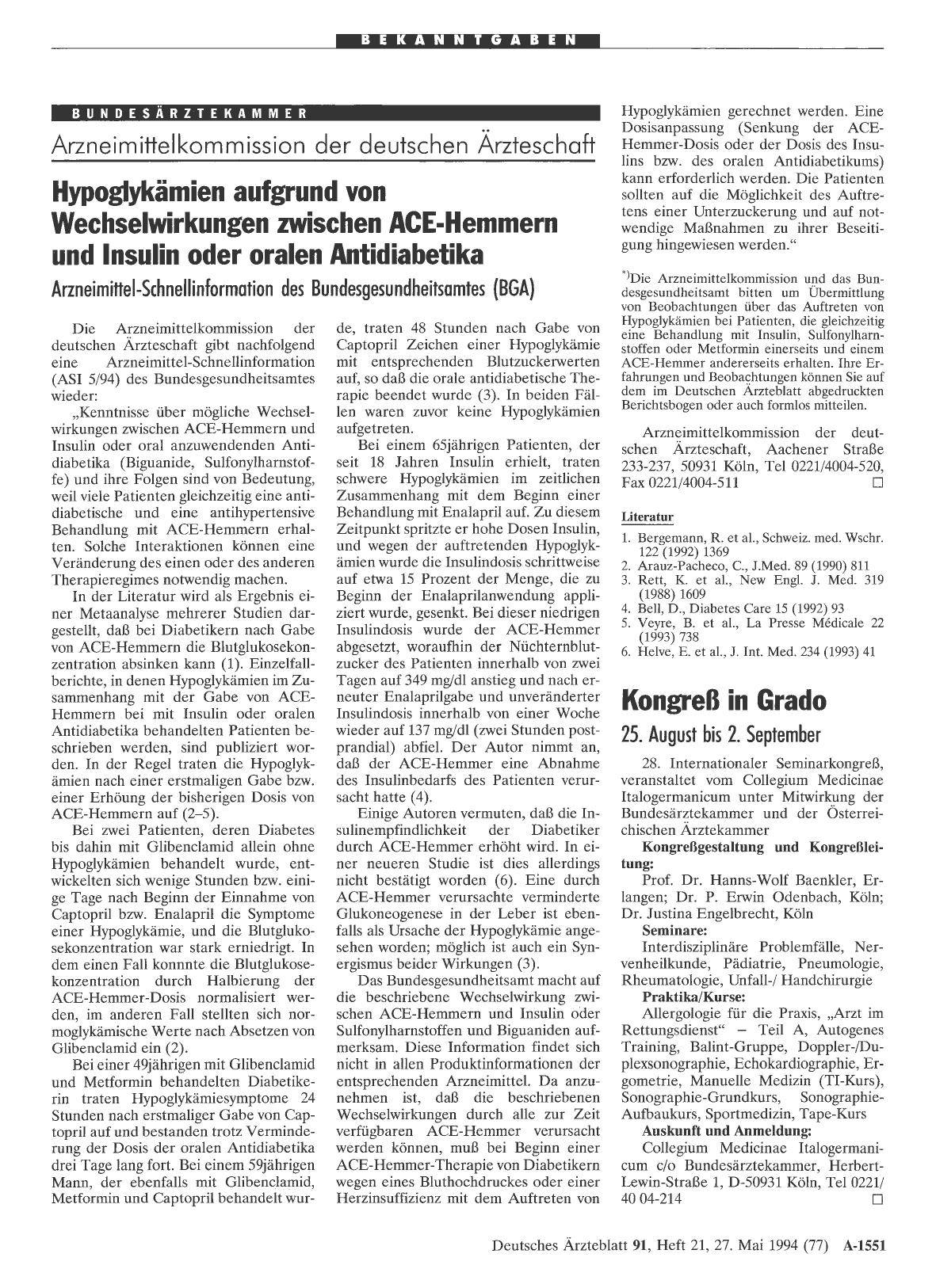 Vorschauseite 1: Hypoglykämien aufgrund von Wechselwirkungen zwischen ACE-Hemmern und Insulin oder oralen Antidiabetika
