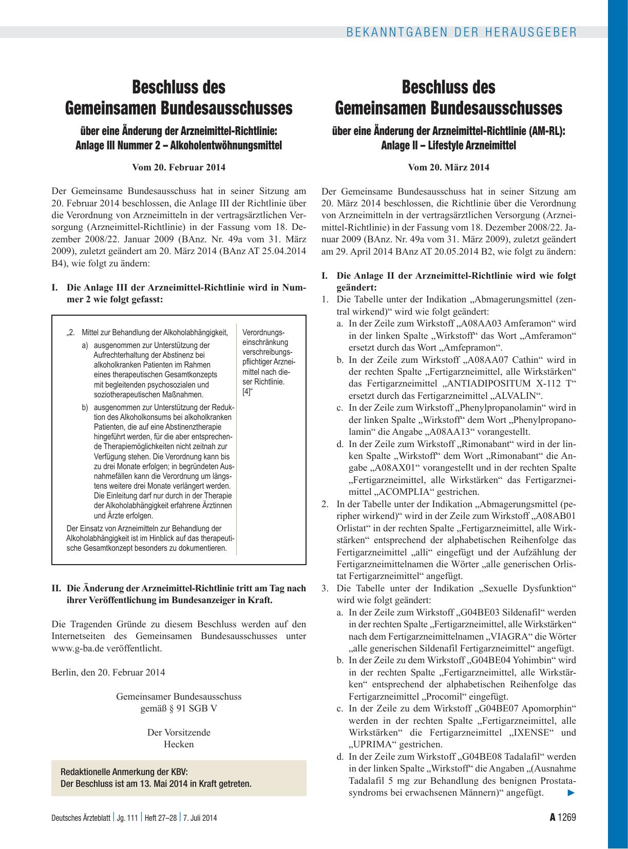 Vorschauseite 1: Beschluss des Gemeinsamen Bundesausschusses über eine Änderung der Arzneimittel-Richtlinie: Anlage III Nummer 2 – Alkoholentwöhnungsmittel