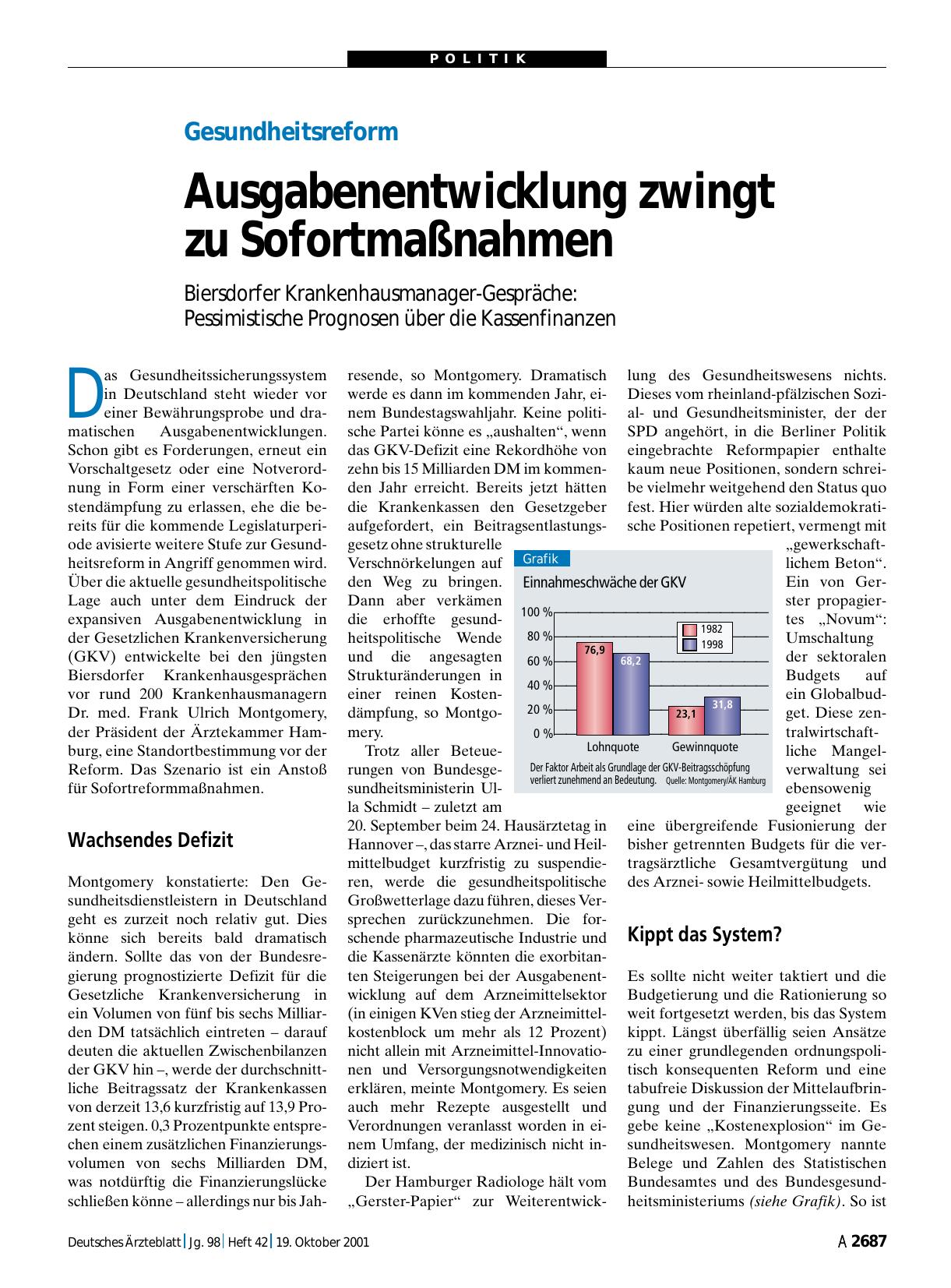 Vorschauseite 1: Gesundheitsreform: Ausgabenentwicklung zwingt zu Sofortmaßnahmen