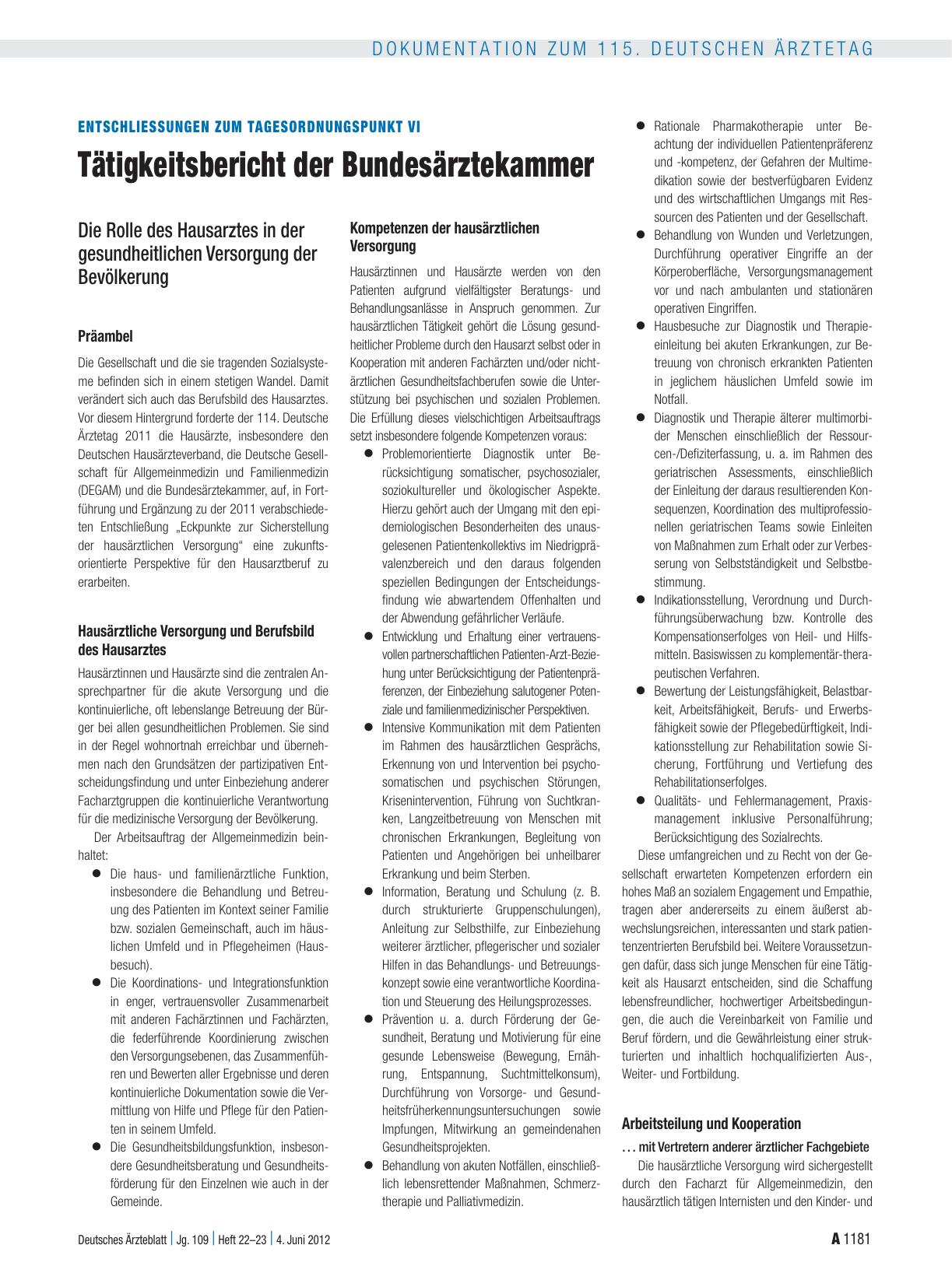 Vorschauseite 1: Entschließungen zum Tagesordnungspunkt VI: Tätigkeitsbericht der Bundesärztekammer