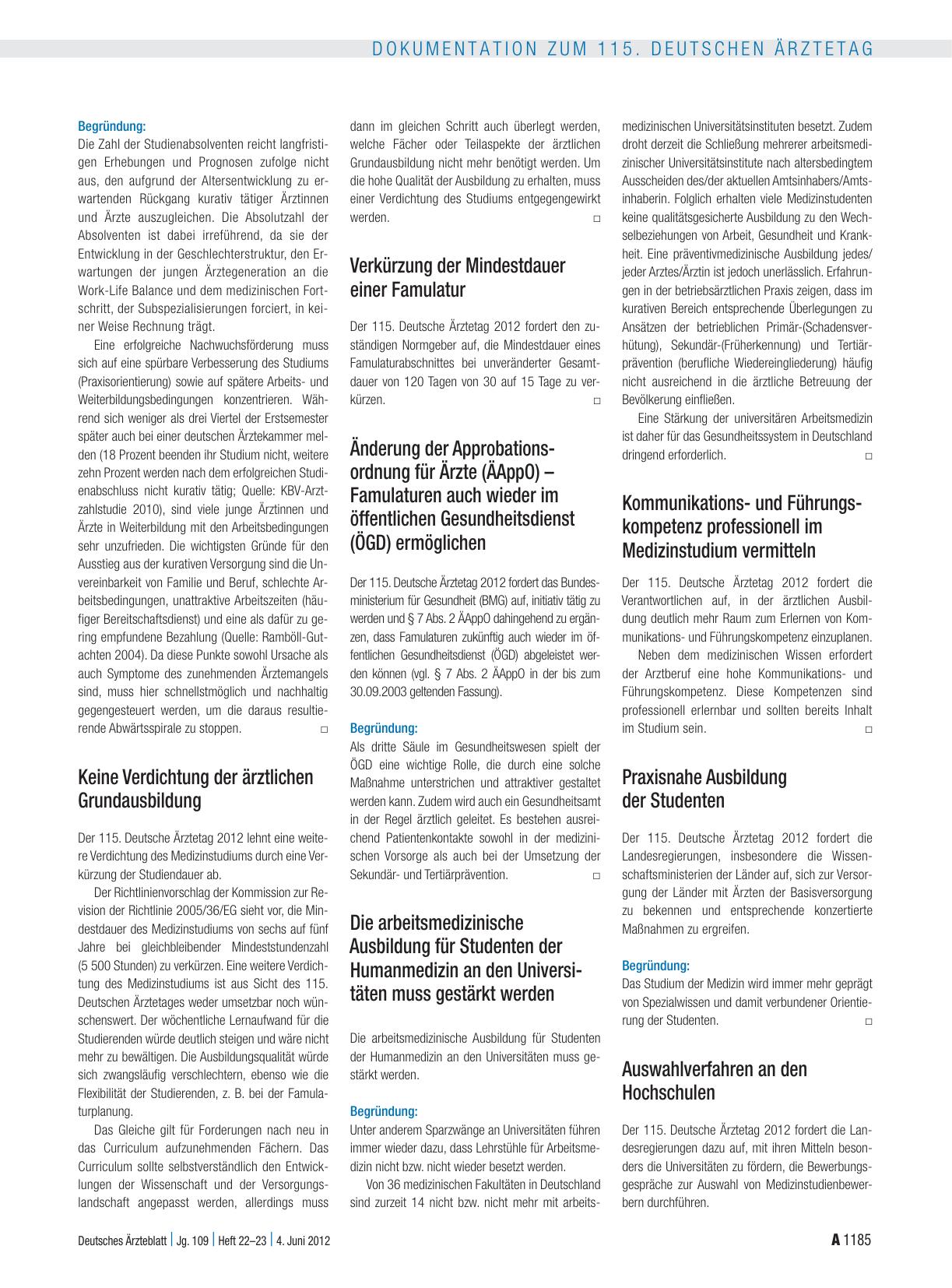 Vorschauseite 5: Entschließungen zum Tagesordnungspunkt VI: Tätigkeitsbericht der Bundesärztekammer