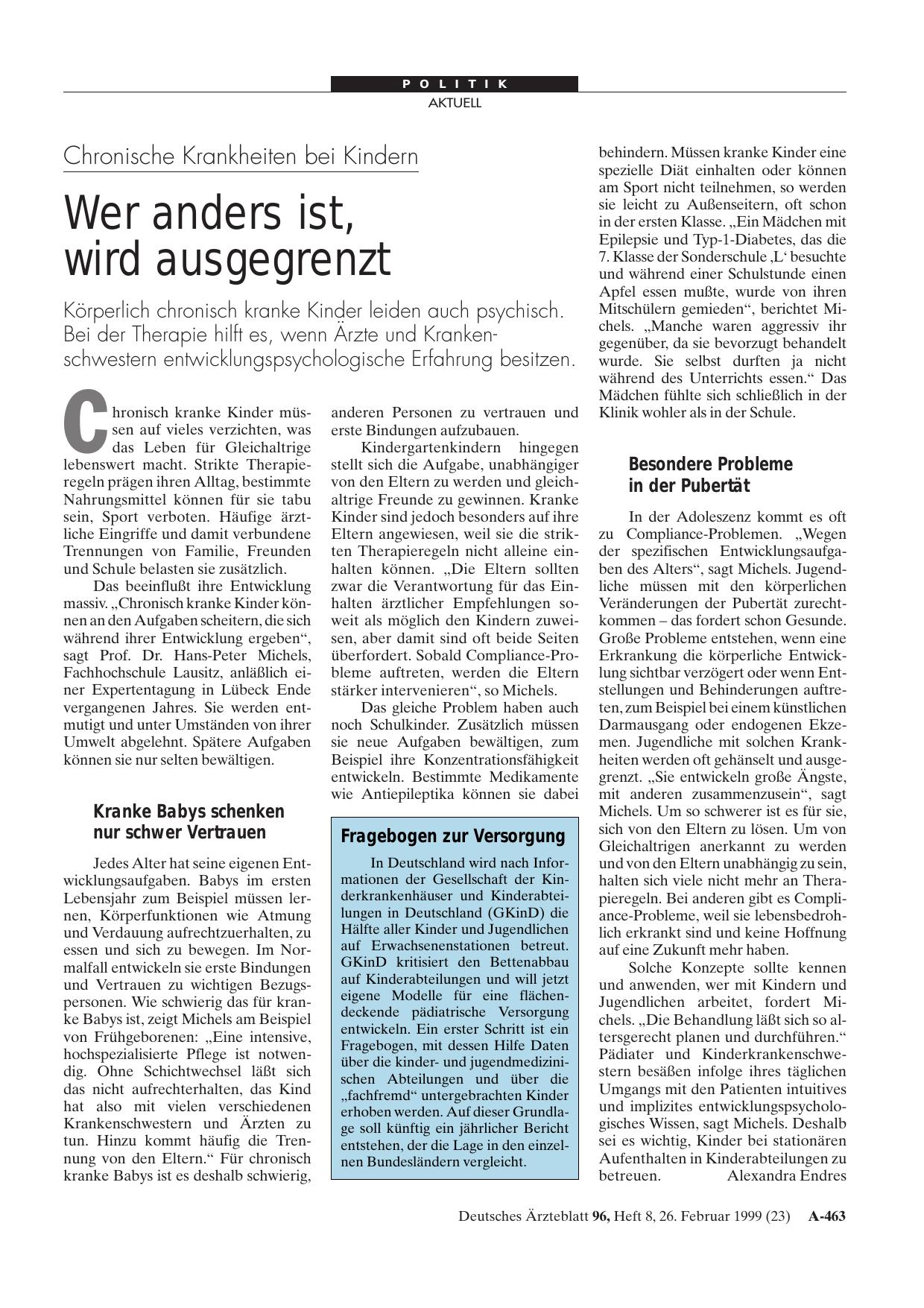 Vorschauseite 1: Chronische Krankheiten bei Kindern: Wer anders ist, wird ausgegrenzt
