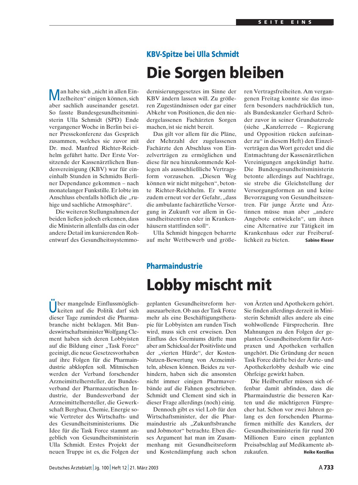 Vorschauseite 1: KBV-Spitze bei Ulla Schmidt: Die Sorgen bleiben