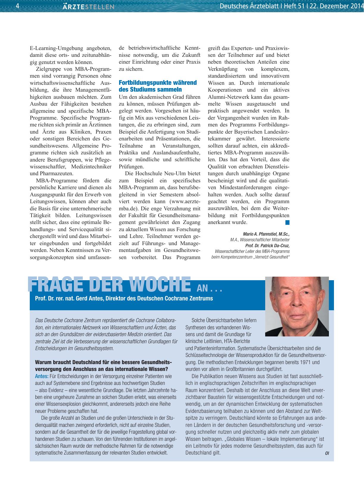 Vorschauseite 1: Frage der Woche an. .. Prof. Dr. rer. nat. Gerd Antes, Direktor des Deutschen Cochrane Zentrums