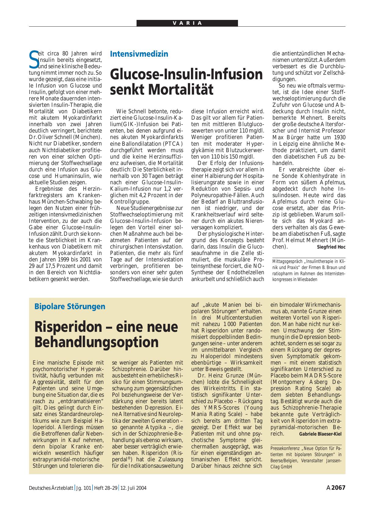 Vorschauseite 1: Intensivmedizin: Glucose-Insulin-Infusion senkt Mortalität