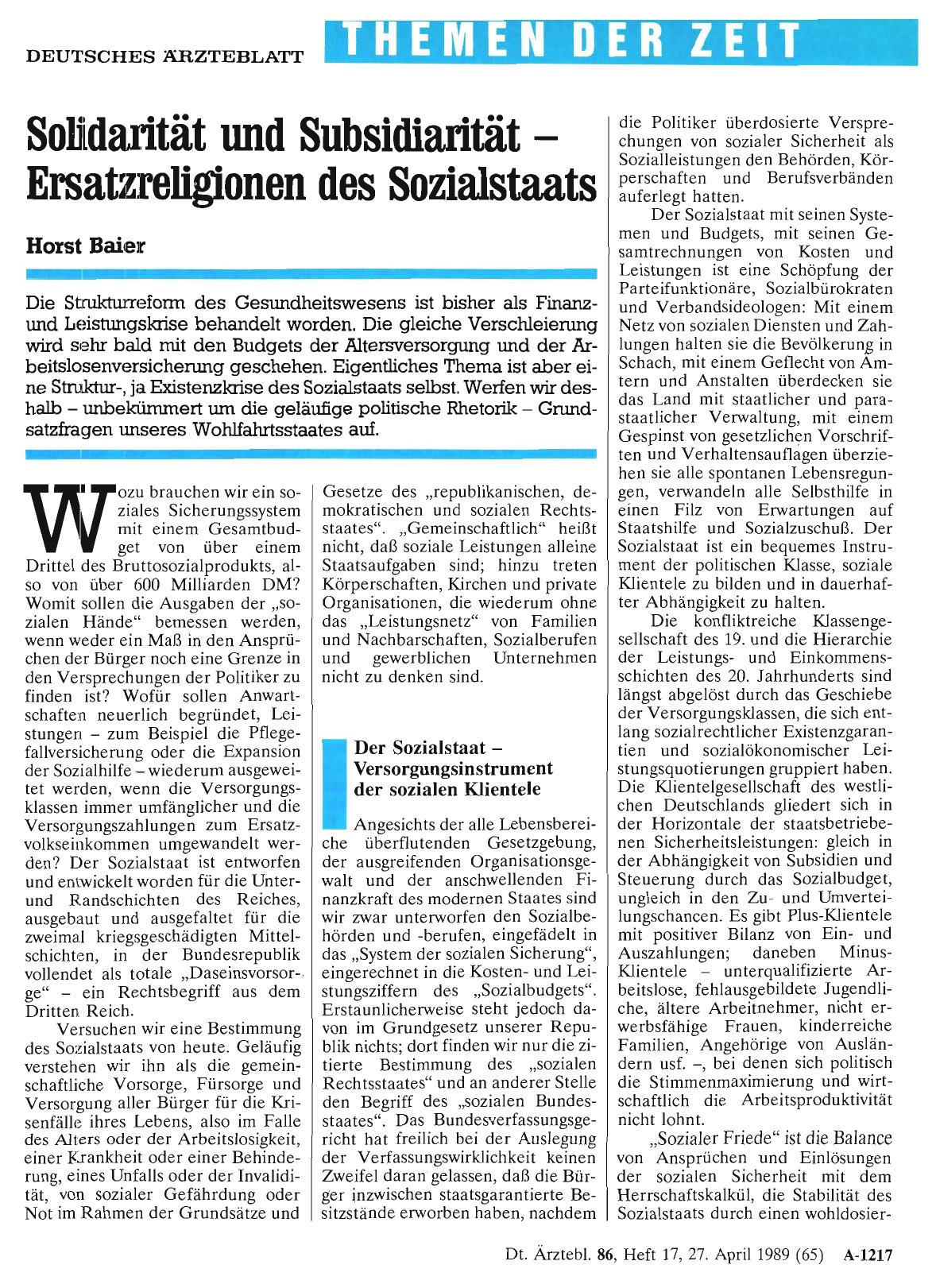 Vorschauseite 1: Solidarität und Subsidiarität – Ersatzreligionen des Sozialstaats