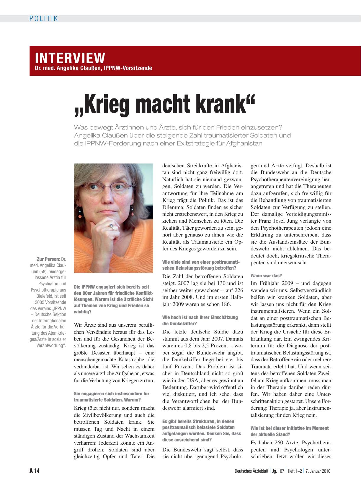 Vorschauseite 1: Interview mit Dr. med. Angelika Claußen, IPPNW-Vorsitzende: „Krieg macht krank“