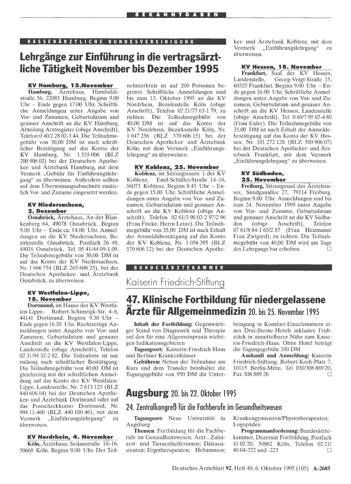 Vorschauseite 1: Lehrgänge zur Einführung in die vertragsärztliche Tätigkeit November bis Dezember 1995