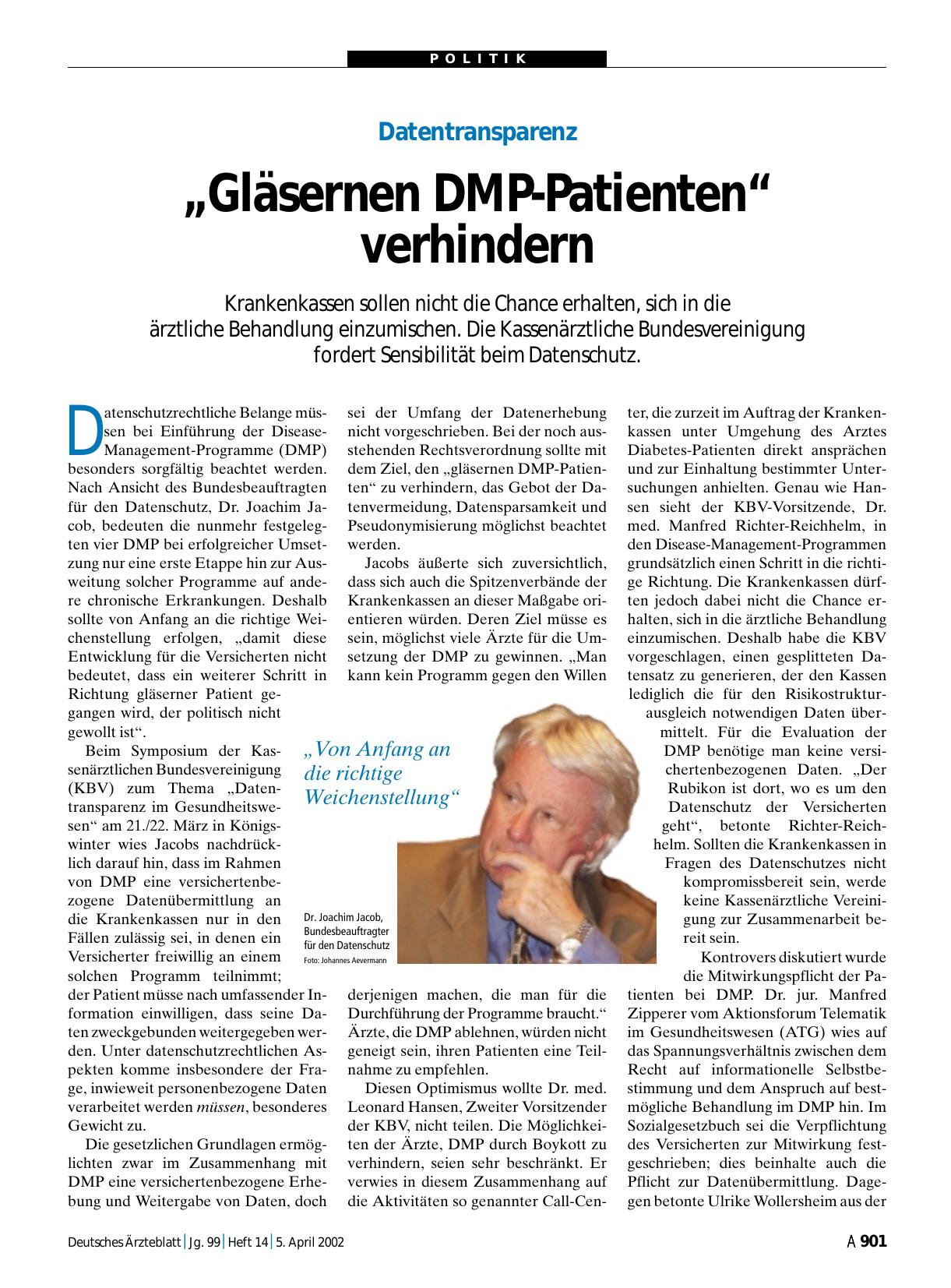 Vorschauseite 1: Datentransparenz: „Gläsernen DMP-Patienten“ verhindern