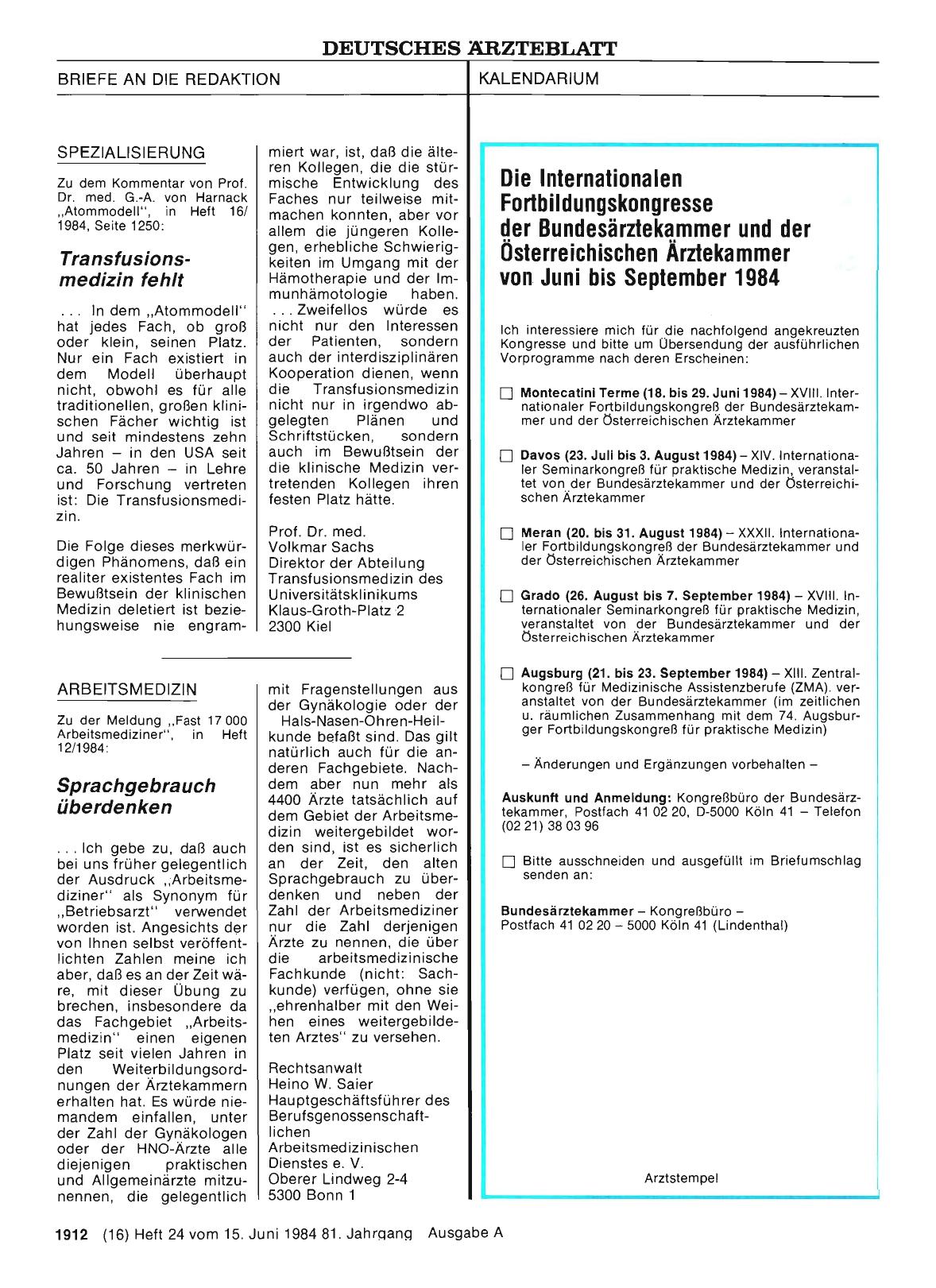 Vorschauseite 1: Die Internationalen Fortbildungskongresse der Bundesärztekammer und der Österreichischen Ärztekammer von Juni bis September 1984