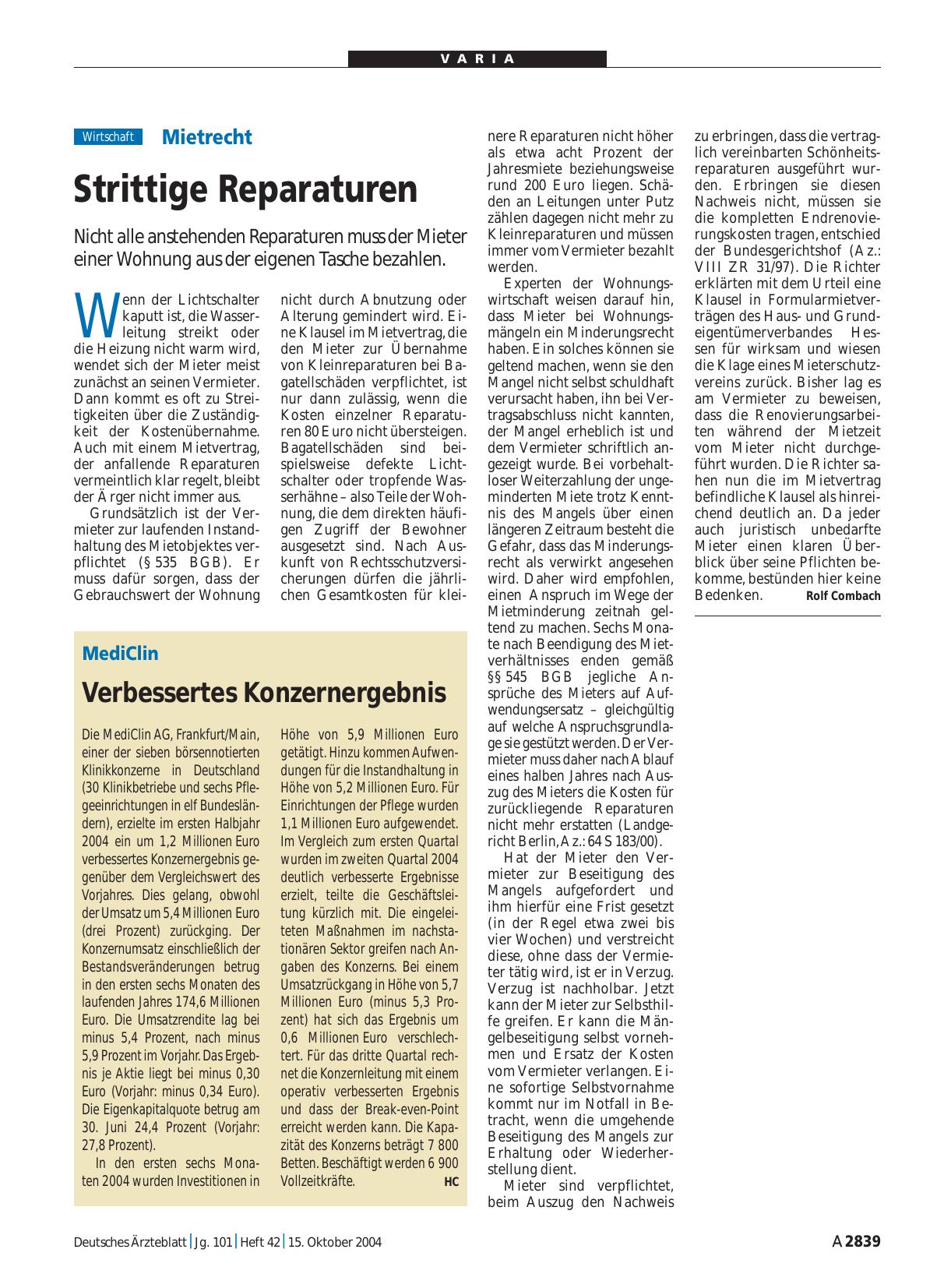 Vorschauseite 1: Mietrecht: Strittige Reparaturen